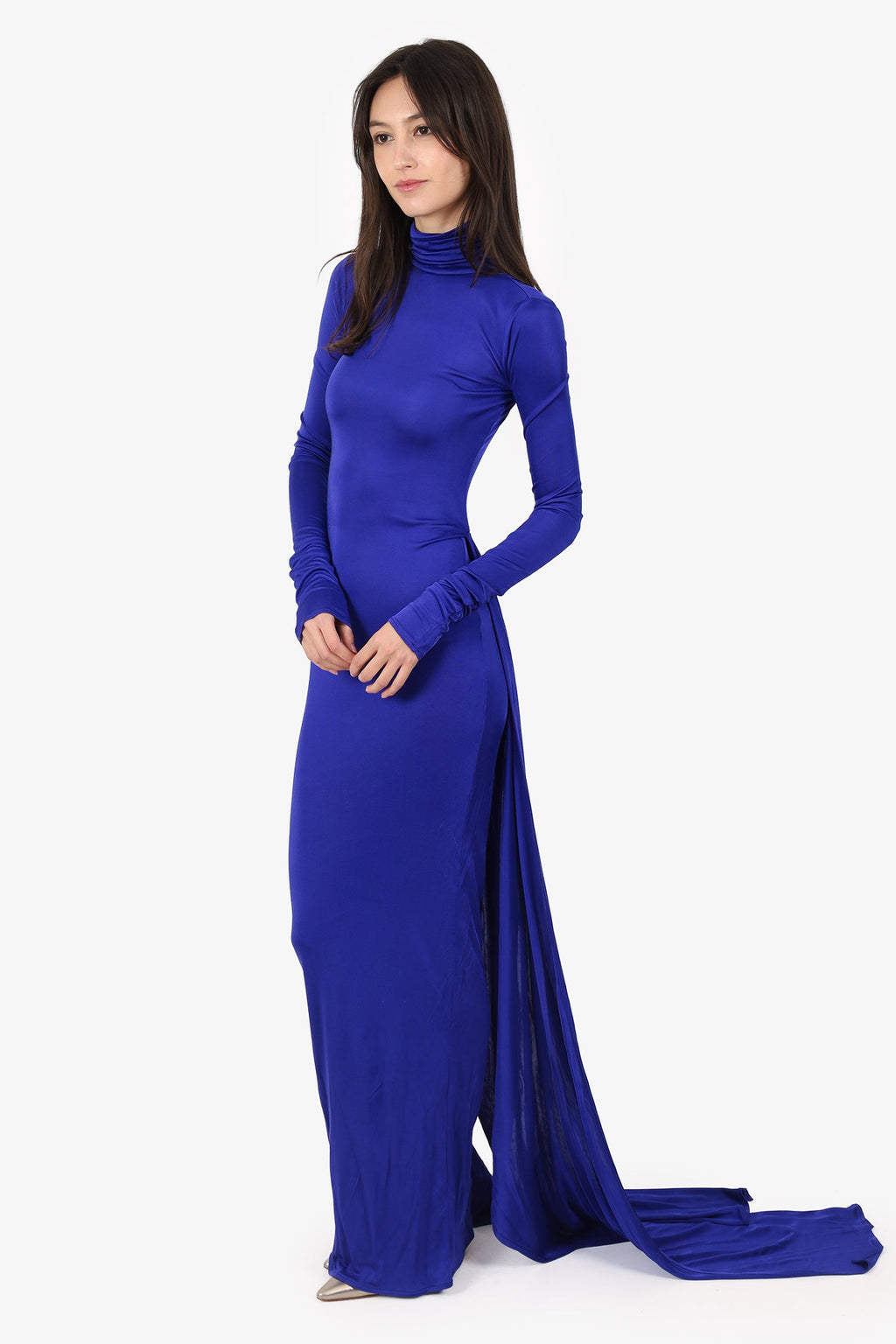 Helsa Purple Slinky Jersey Long Sleeve Turtle Neck Gown Size XXS