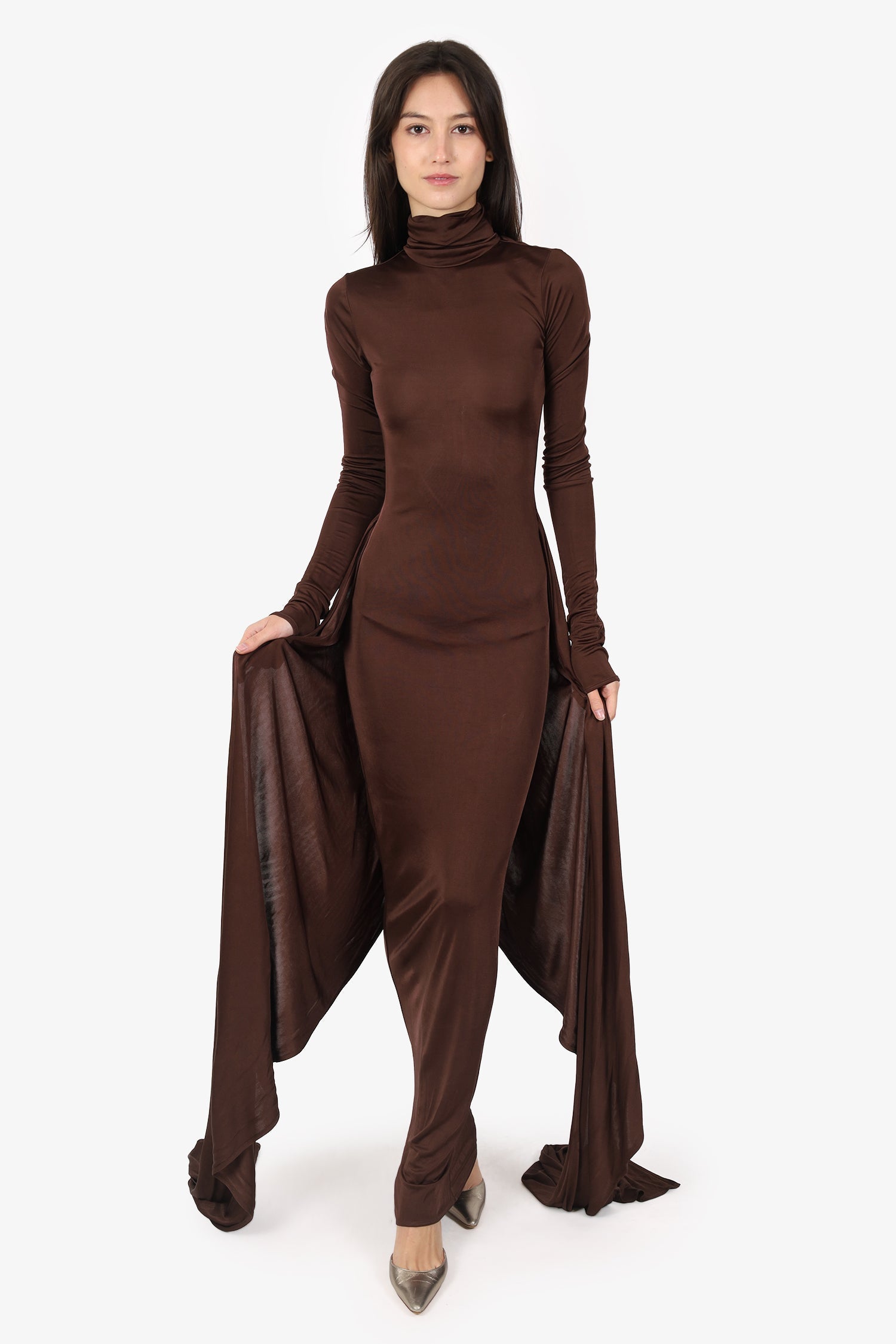 Helsa Brown Slinky Jersey Long Sleeve Turtleneck Gown Size XXS