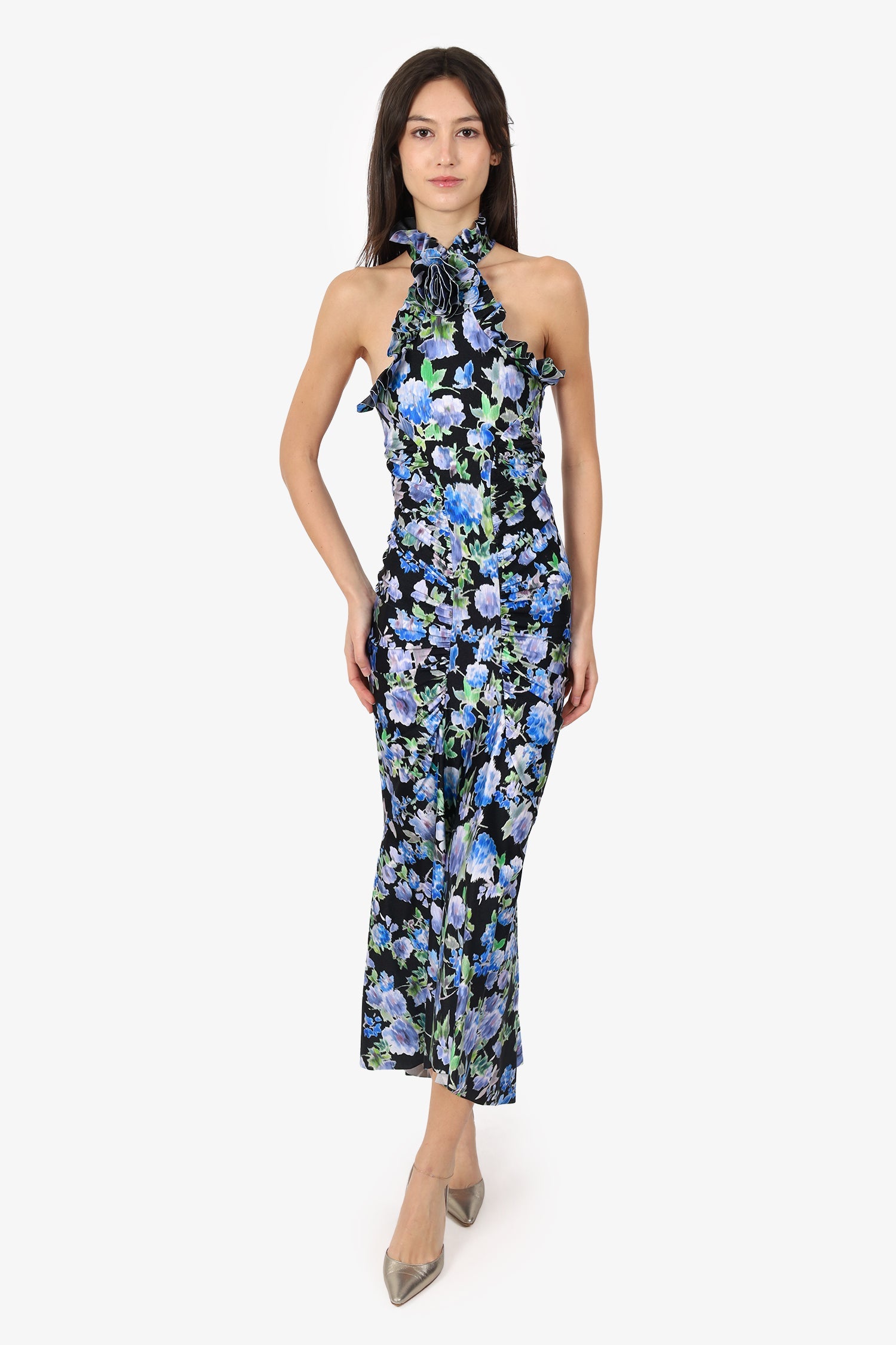 Philosophy Di Lorenzo Serafini Black/Green Floral Print Ruched Halterneck Size 2