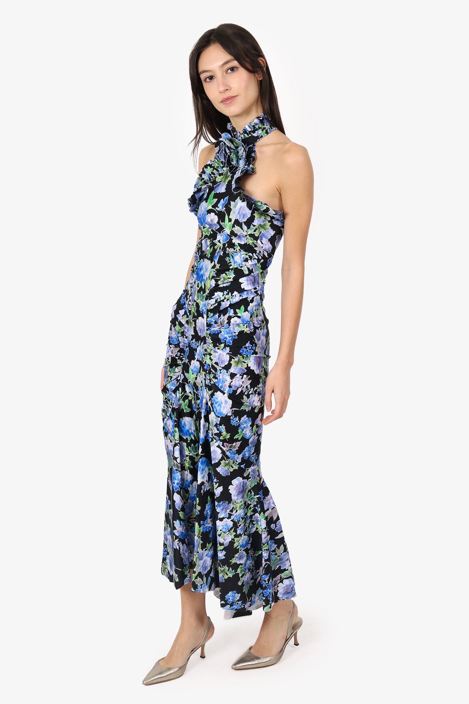 Philosophy Di Lorenzo Serafini Black/Green Floral Print Ruched Halterneck Size 2