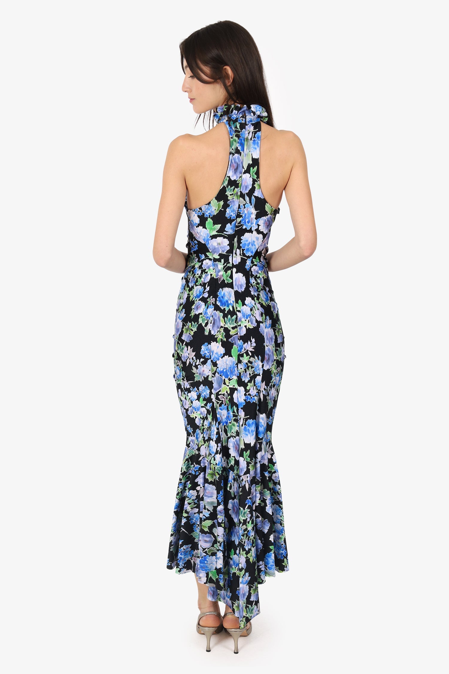 Philosophy Di Lorenzo Serafini Black/Green Floral Print Ruched Halterneck Size 2