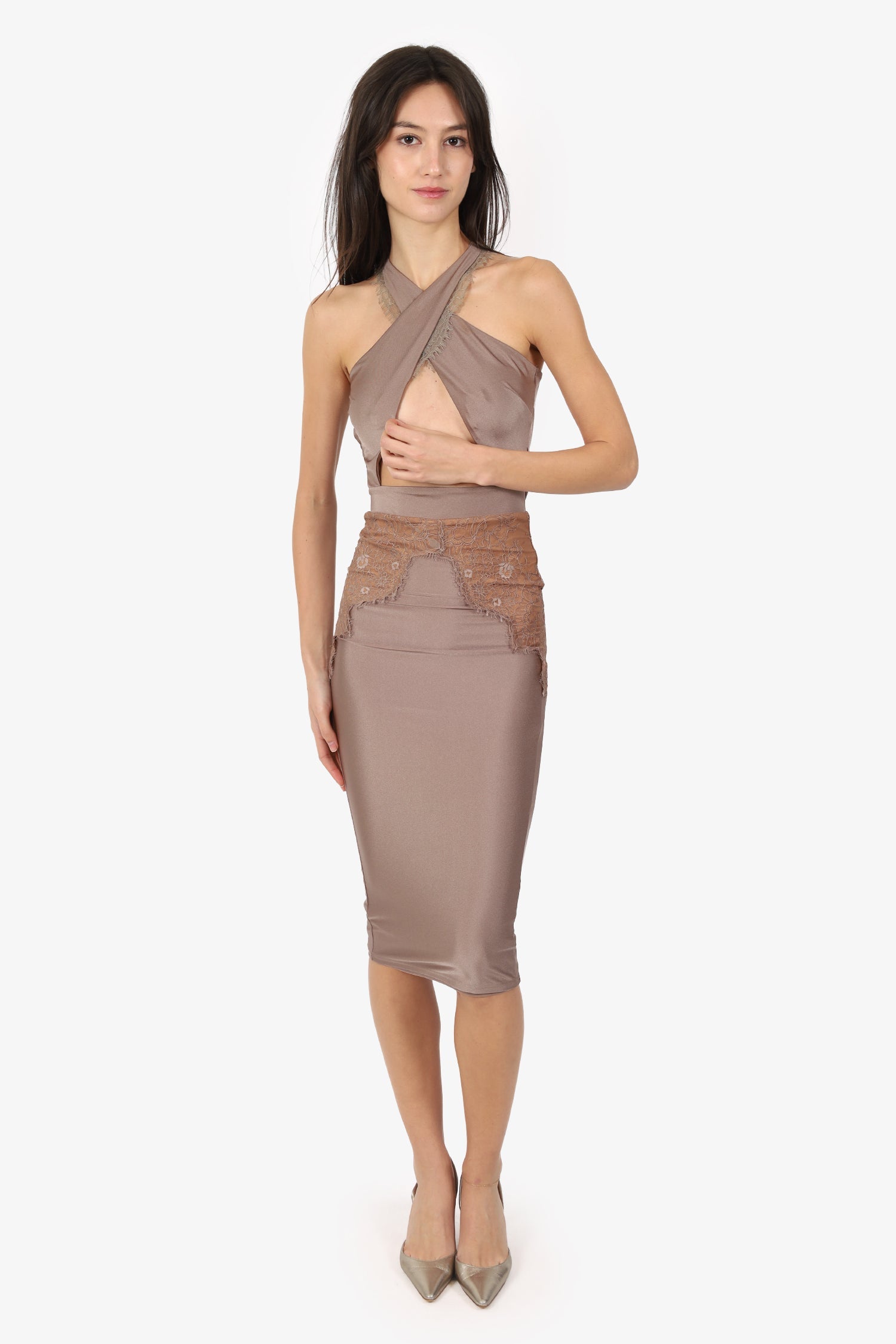Michael Costello x Revolve Taupe Lace Cross Front Cut Out Detail Mini Dress Size XS