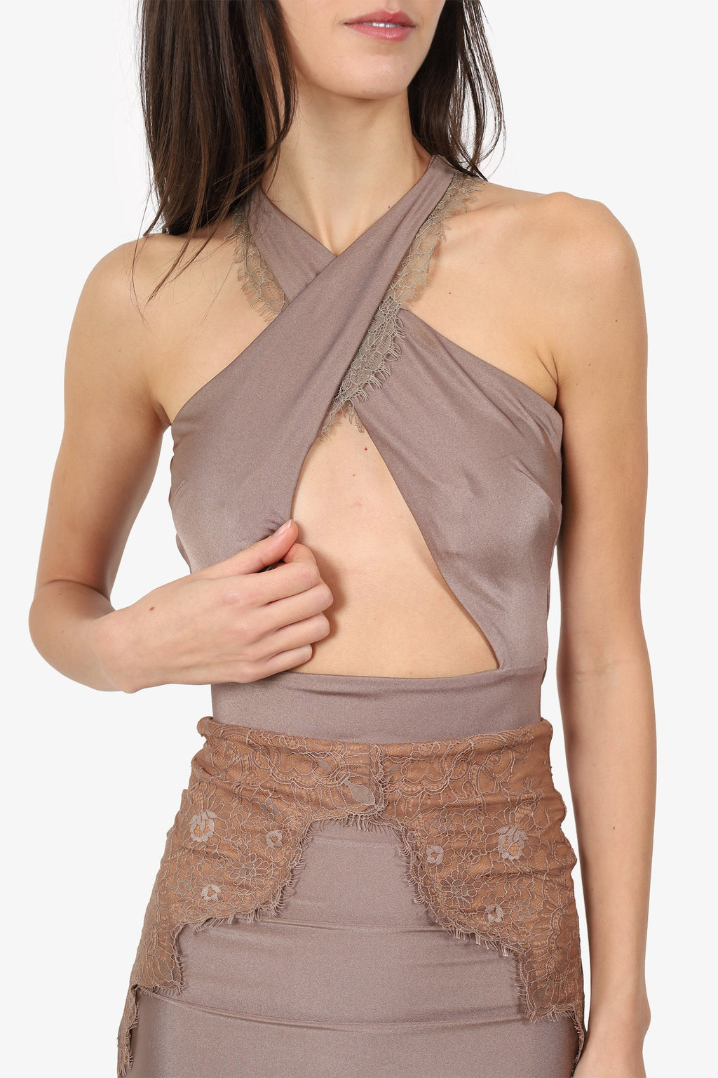 Michael Costello x Revolve Taupe Lace Cross Front Cut Out Detail Mini Dress Size XS