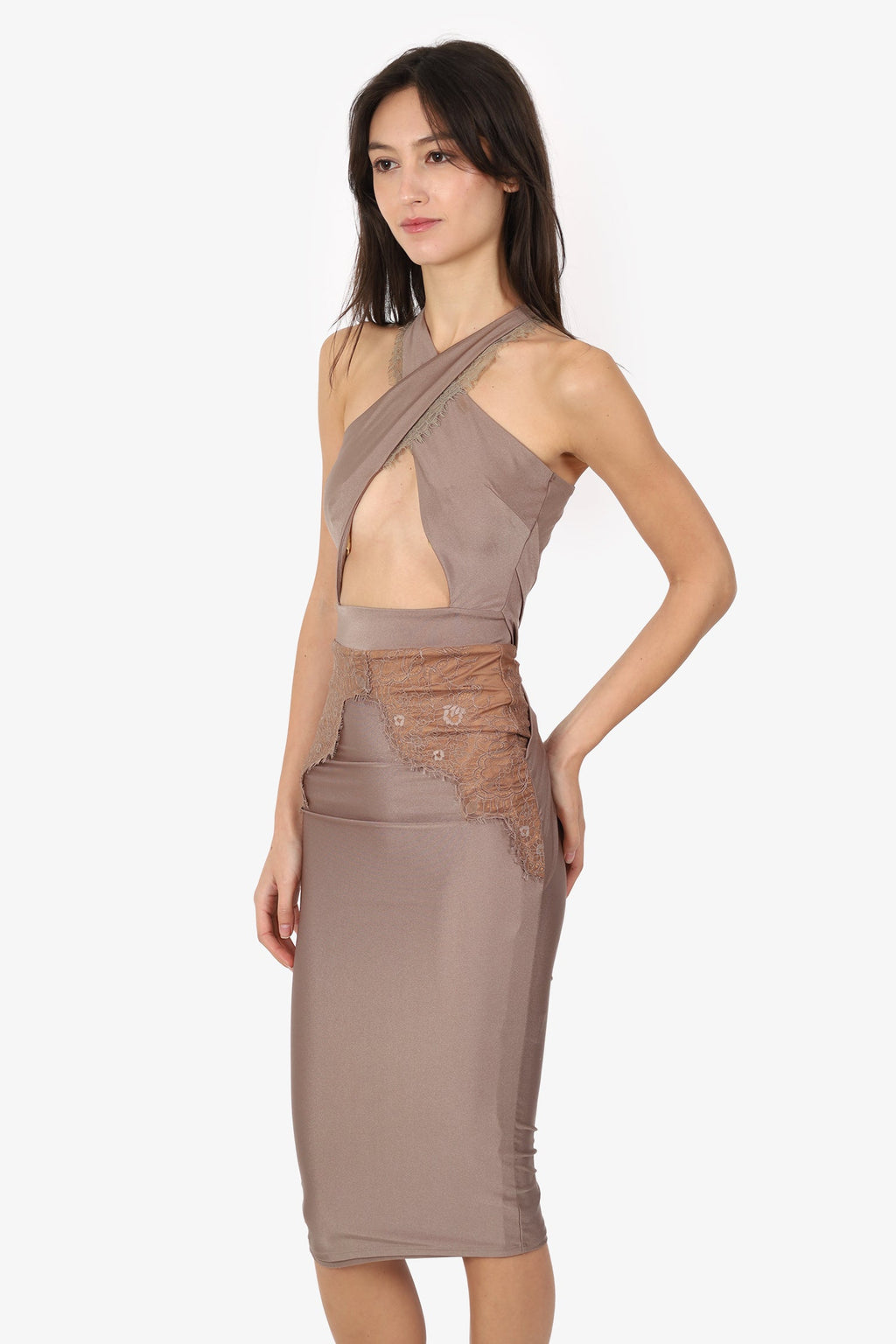 Michael Costello x Revolve Taupe Lace Cross Front Cut Out Detail Mini Dress Size XS
