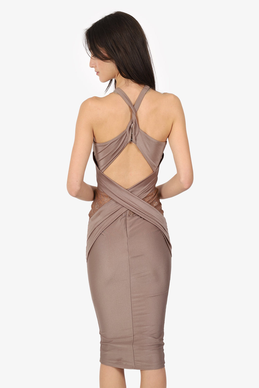 Michael Costello x Revolve Taupe Lace Cross Front Cut Out Detail Mini Dress Size XS