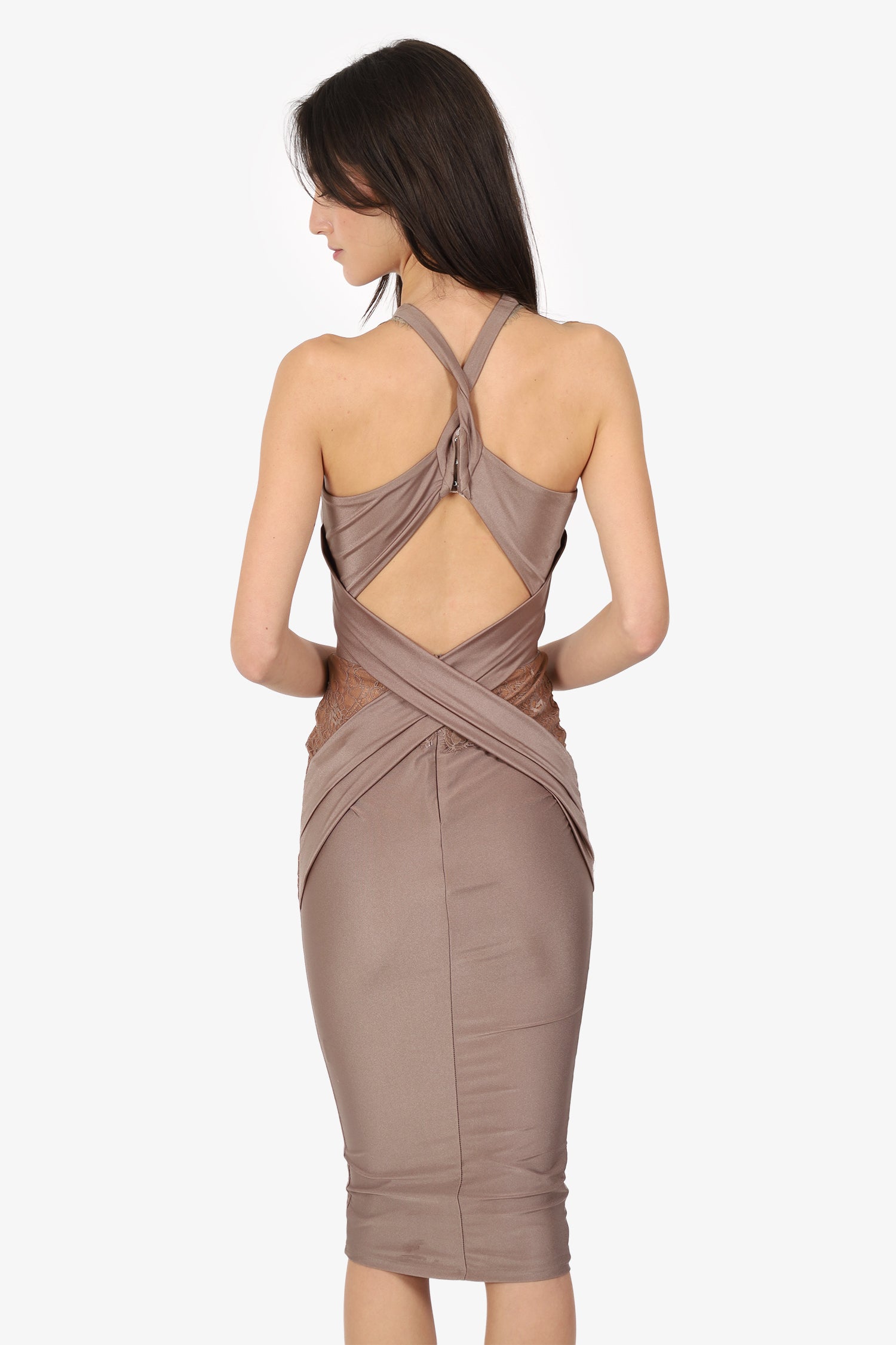 Michael Costello x Revolve Taupe Lace Cross Front Cut Out Detail Mini Dress Size XS