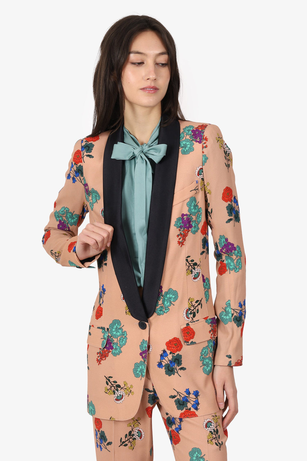Smythe Beige/Black Satin Lapel Floral Print Blazer Size 2