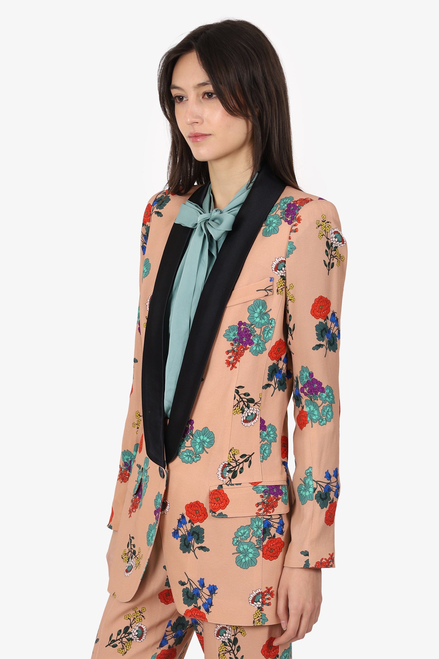Smythe Beige/Black Satin Lapel Floral Print Blazer Size 2