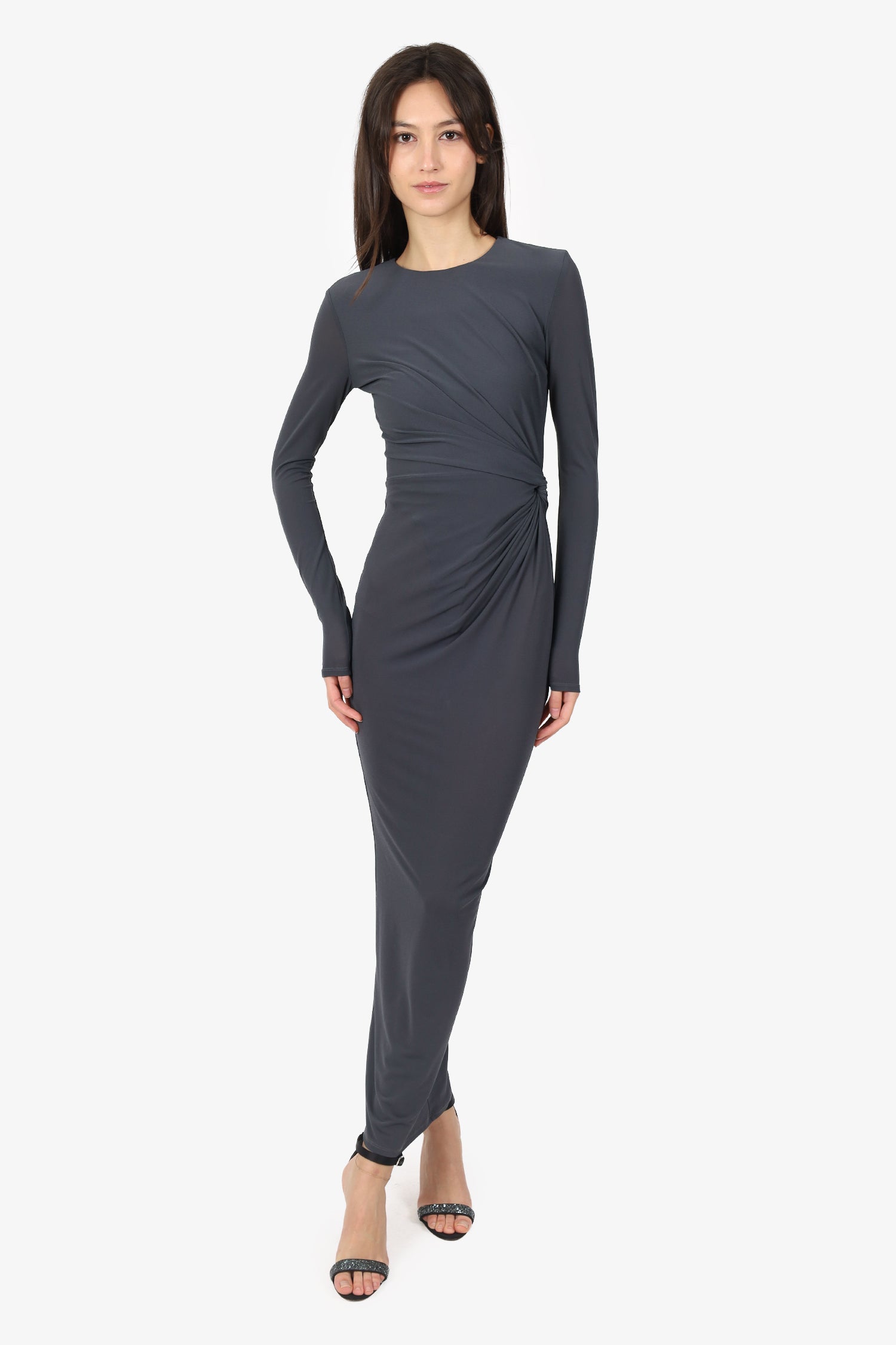 Alex Perry Grey Long Sleeve Ruched Front Bodysuit Sheer Dress Estimated Size XS