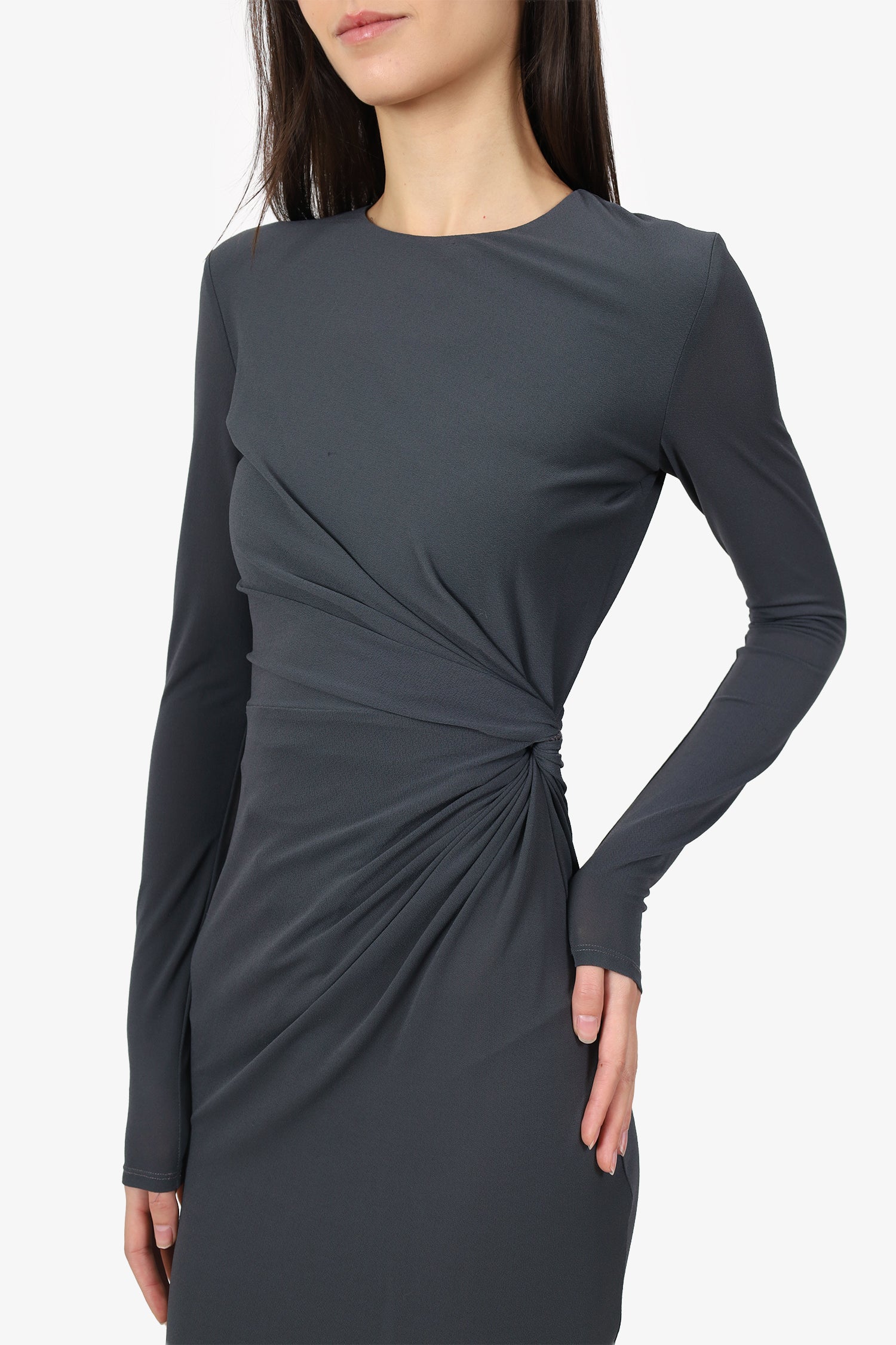 Alex Perry Grey Long Sleeve Ruched Front Bodysuit Sheer Dress Estimated Size XS