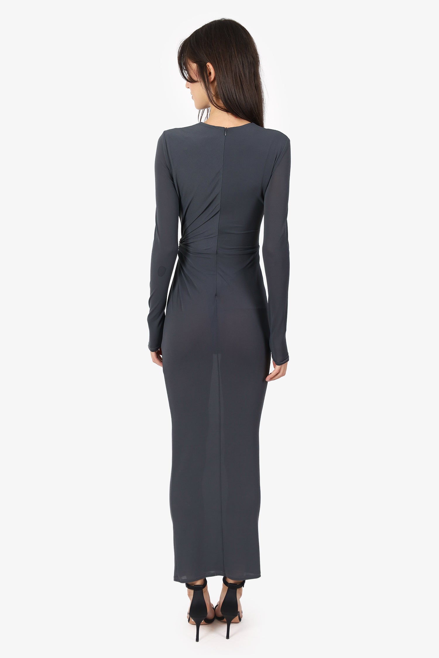 Alex Perry Grey Long Sleeve Ruched Front Bodysuit Sheer Dress Estimated Size XS