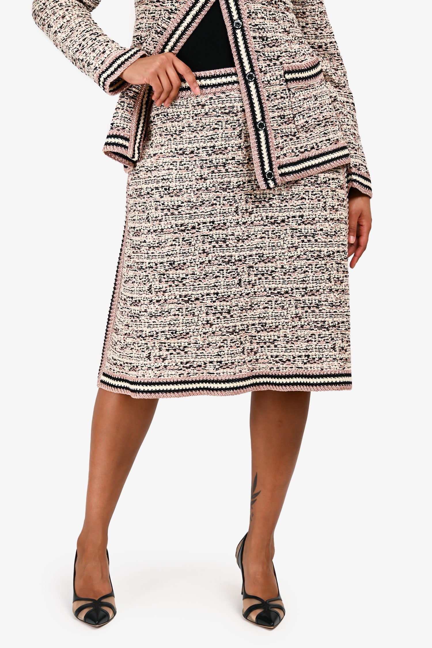 M Missoni Pink Metallic/White/Black Wool Blend Knee Length Skirt Size 44