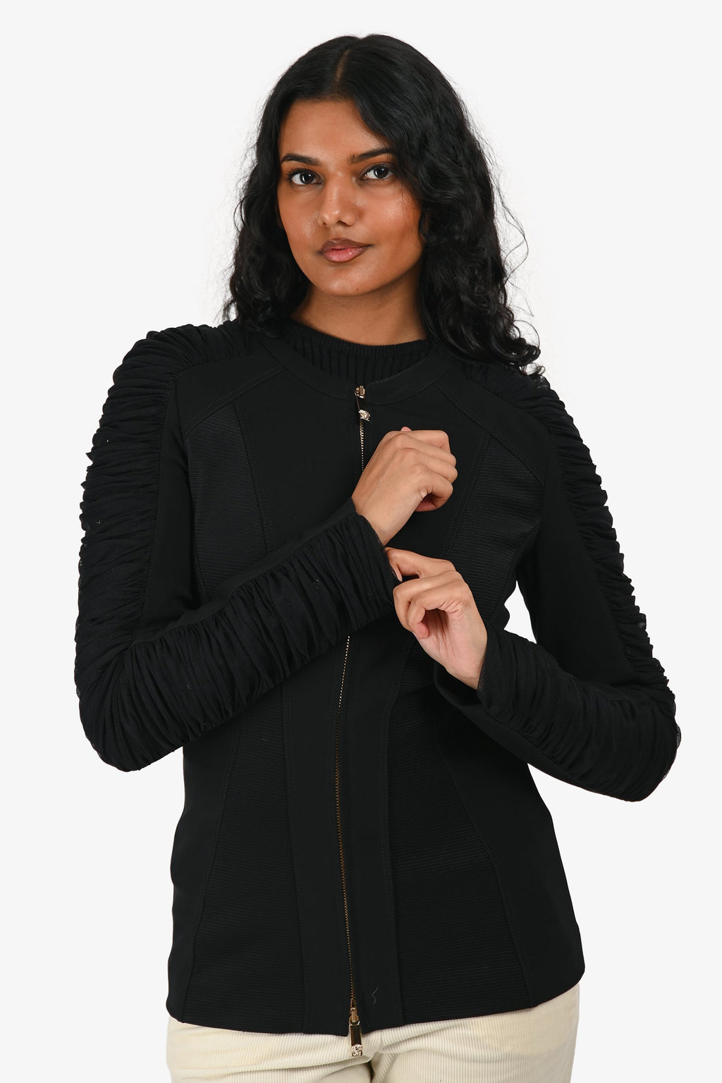 Versace Black Ruched Sleeve Zip Up Jacket Size 40