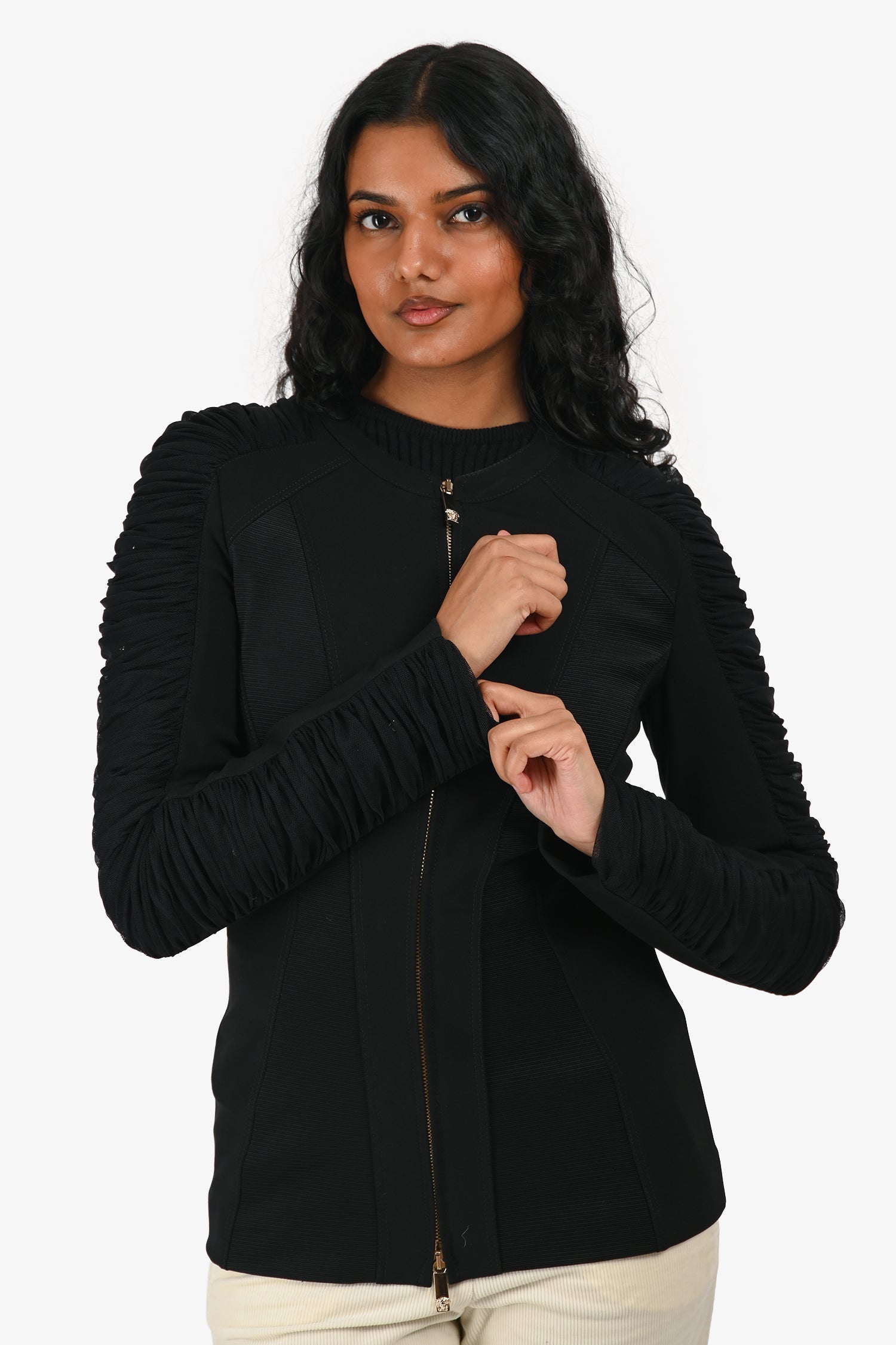 Versace Black Ruched Sleeve Zip Up Jacket Size 40
