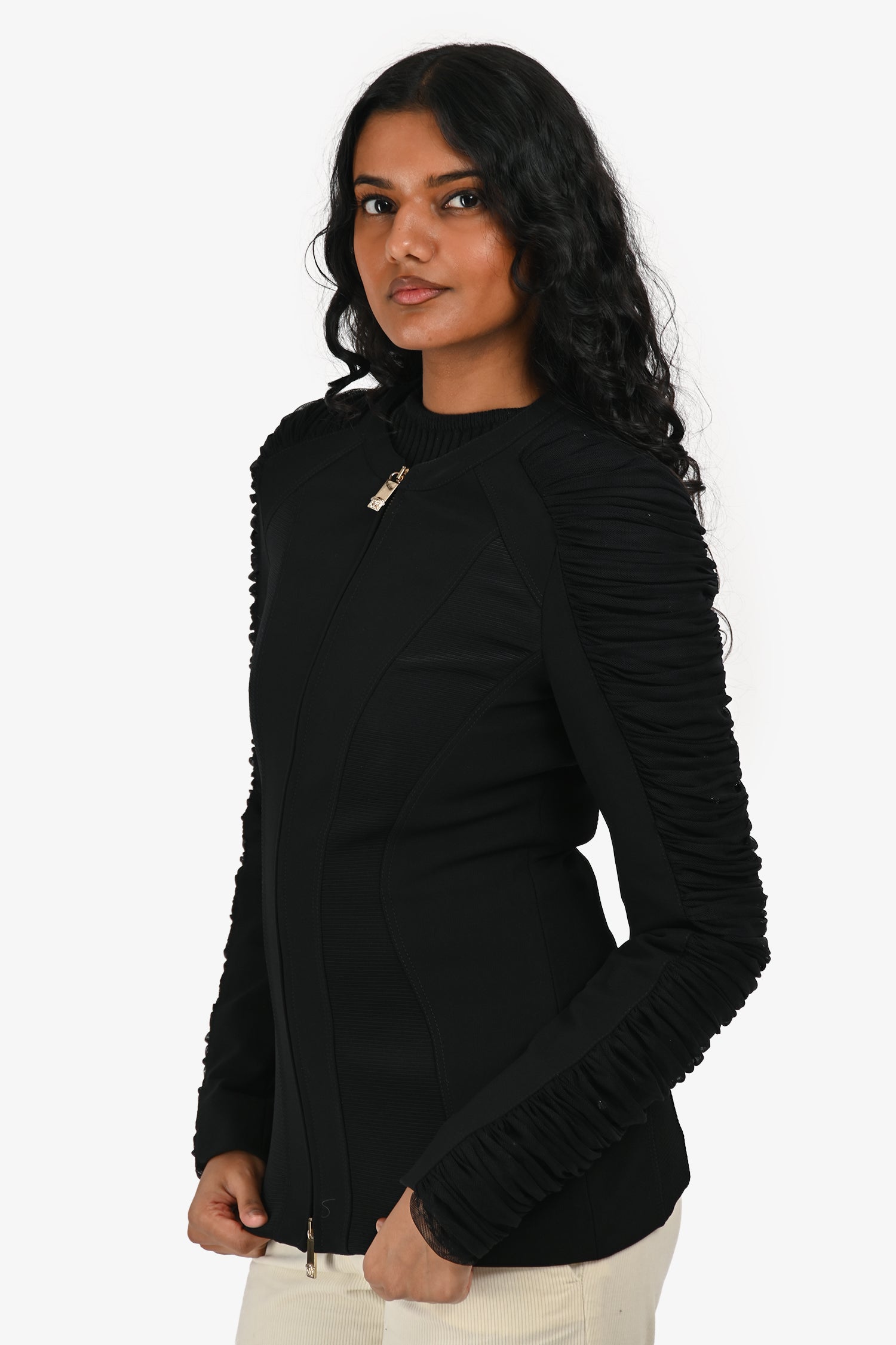 Versace Black Ruched Sleeve Zip Up Jacket Size 40