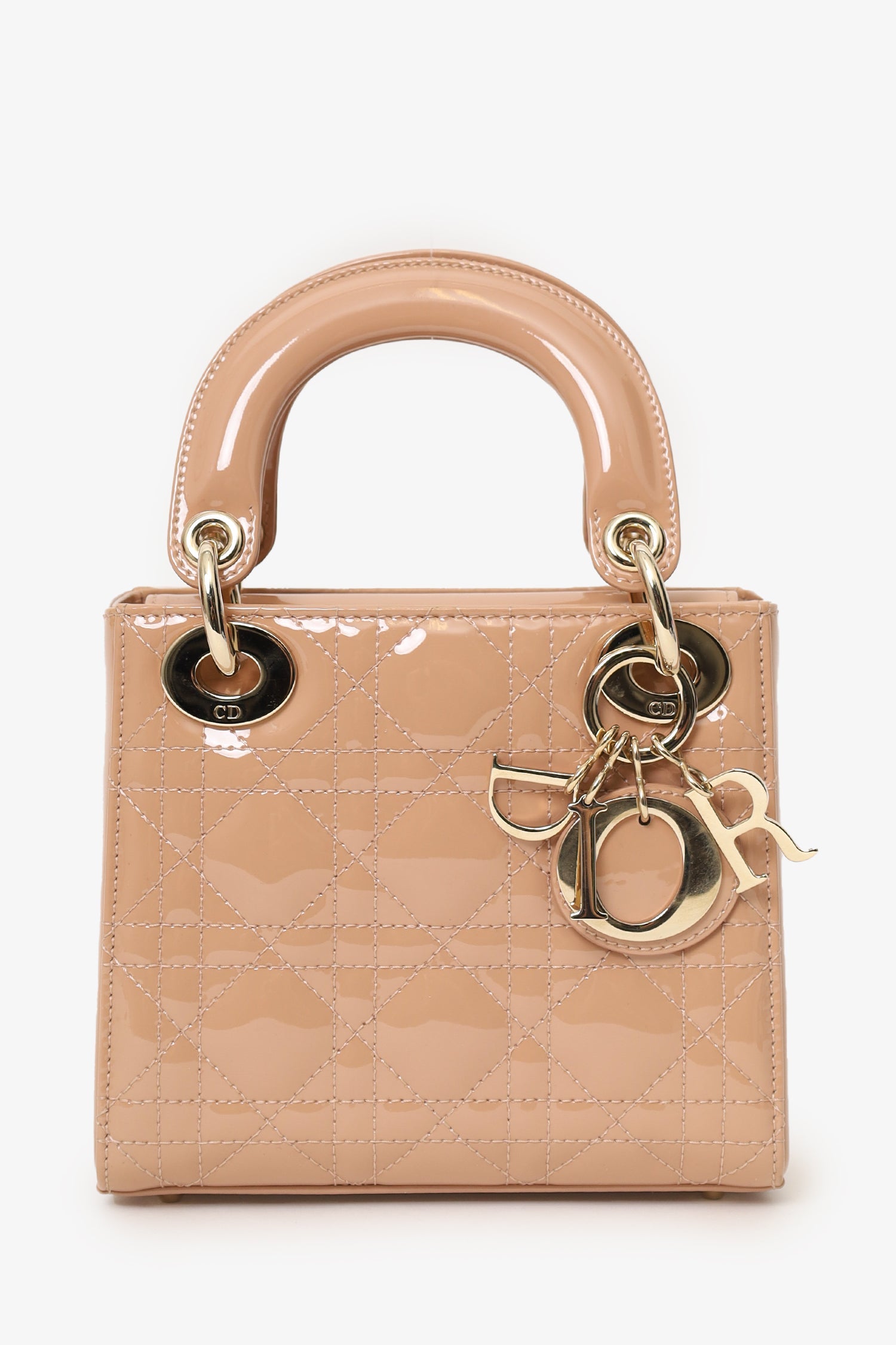 Christian Dior Beige Cannage Patent Leather Mini Lady Dior With Strap