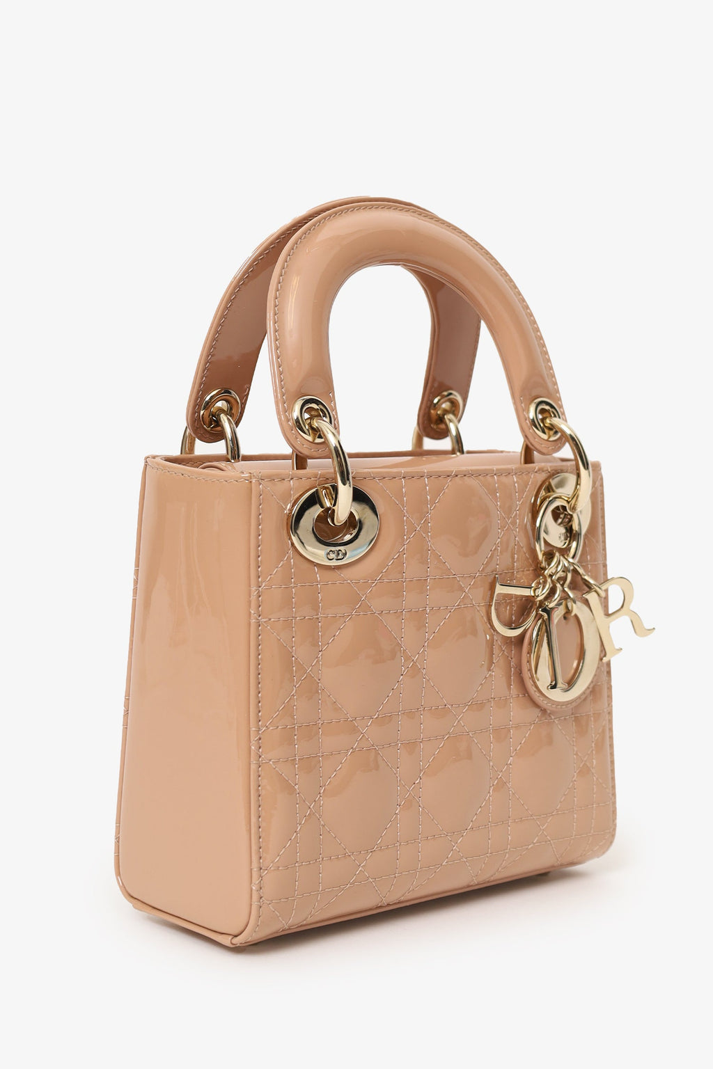 Christian Dior Beige Cannage Patent Leather Mini Lady Dior With Strap