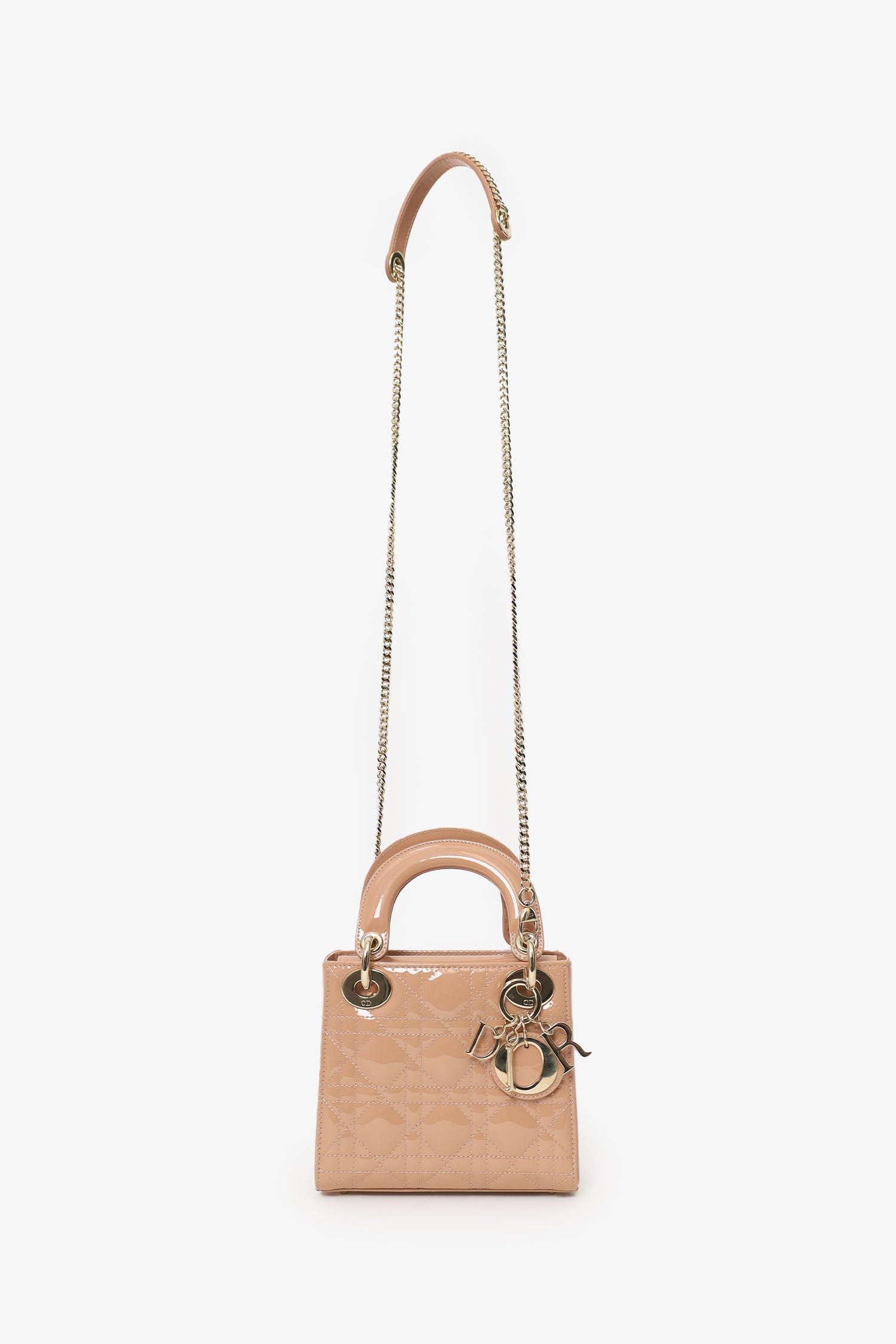 Christian Dior Beige Cannage Patent Leather Mini Lady Dior With Strap