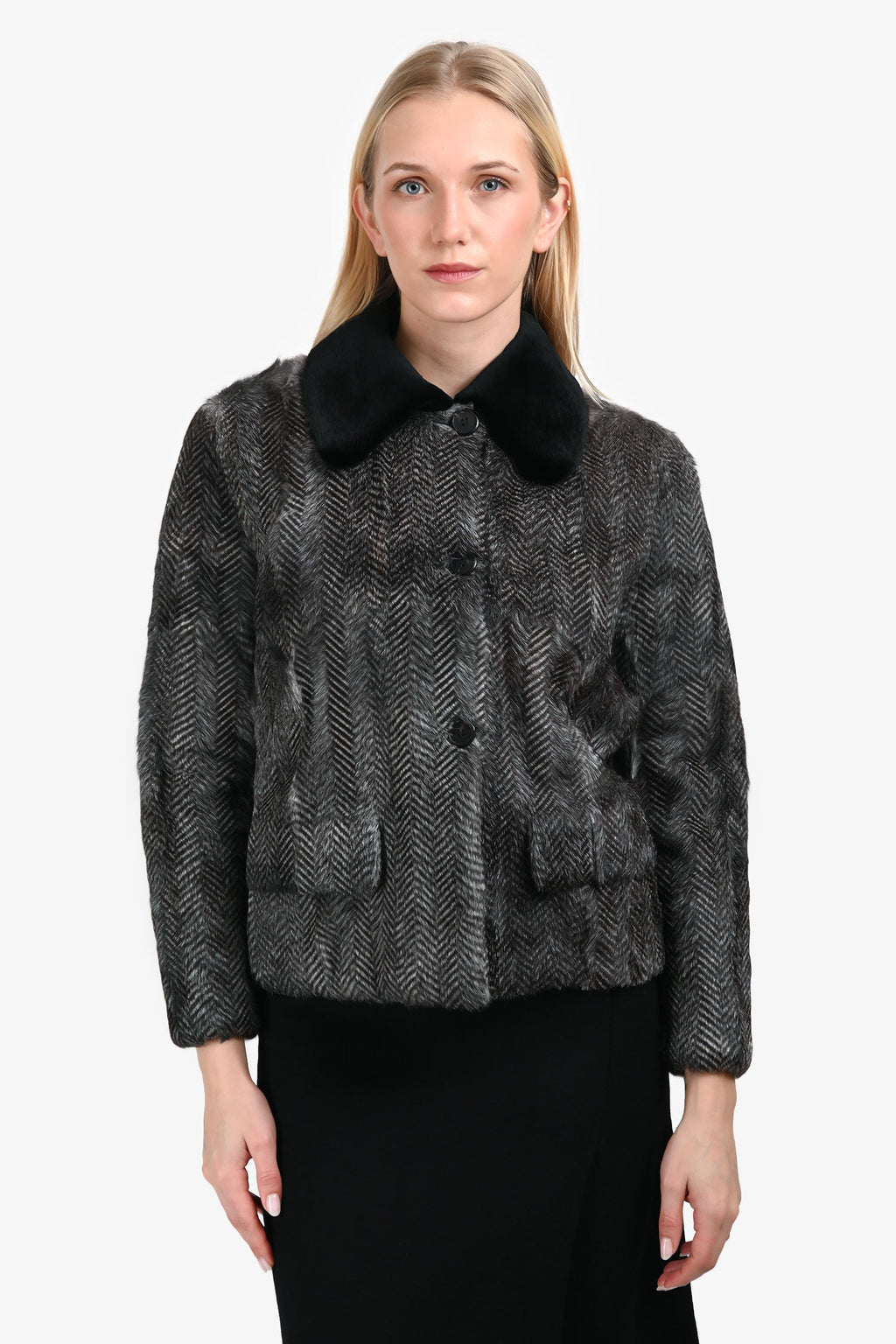 Prada 2016 Black/White Herringbone Goat Fur Collared Jacket Size 40