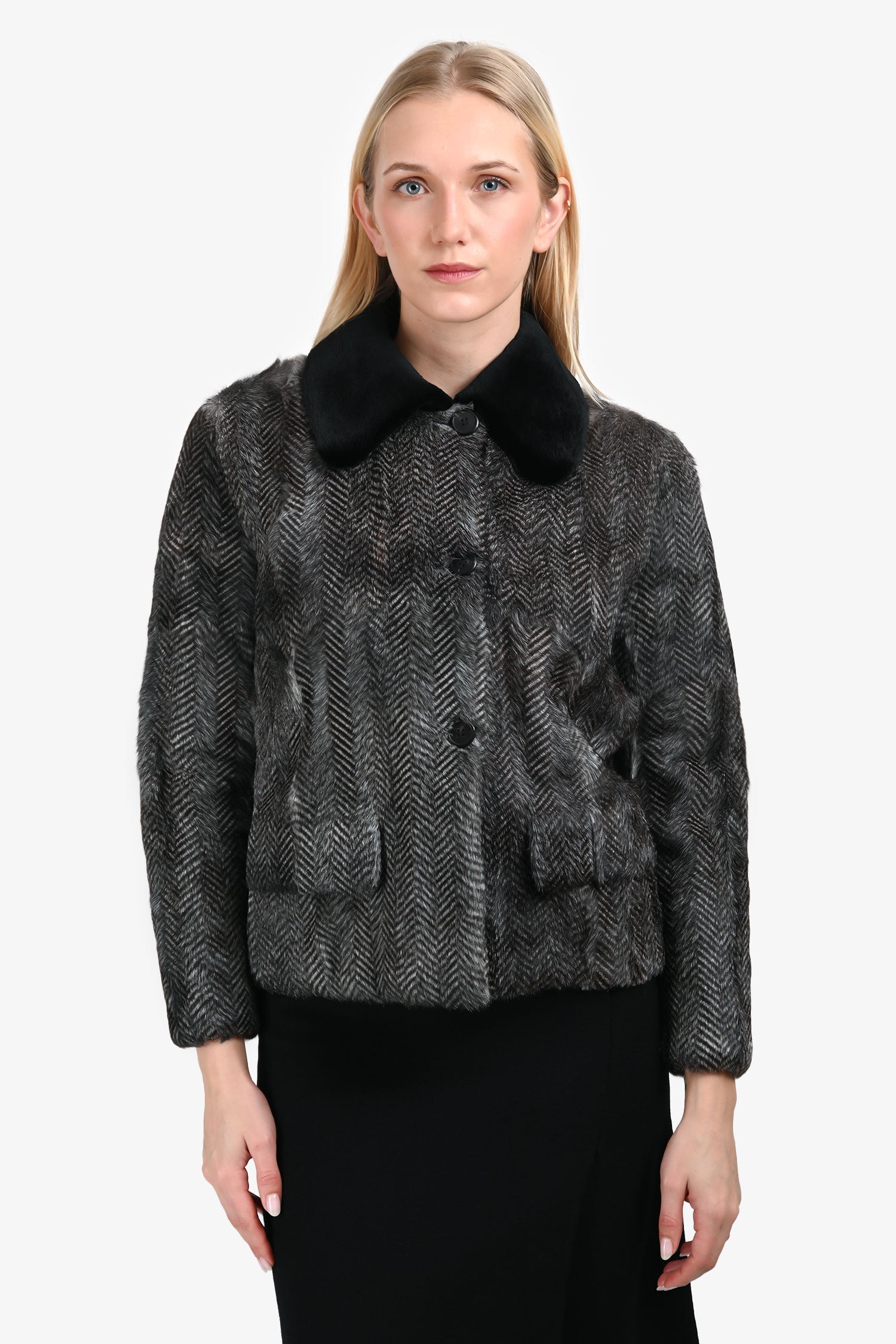 Prada 2016 Black/White Herringbone Goat Fur Collared Jacket Size 40
