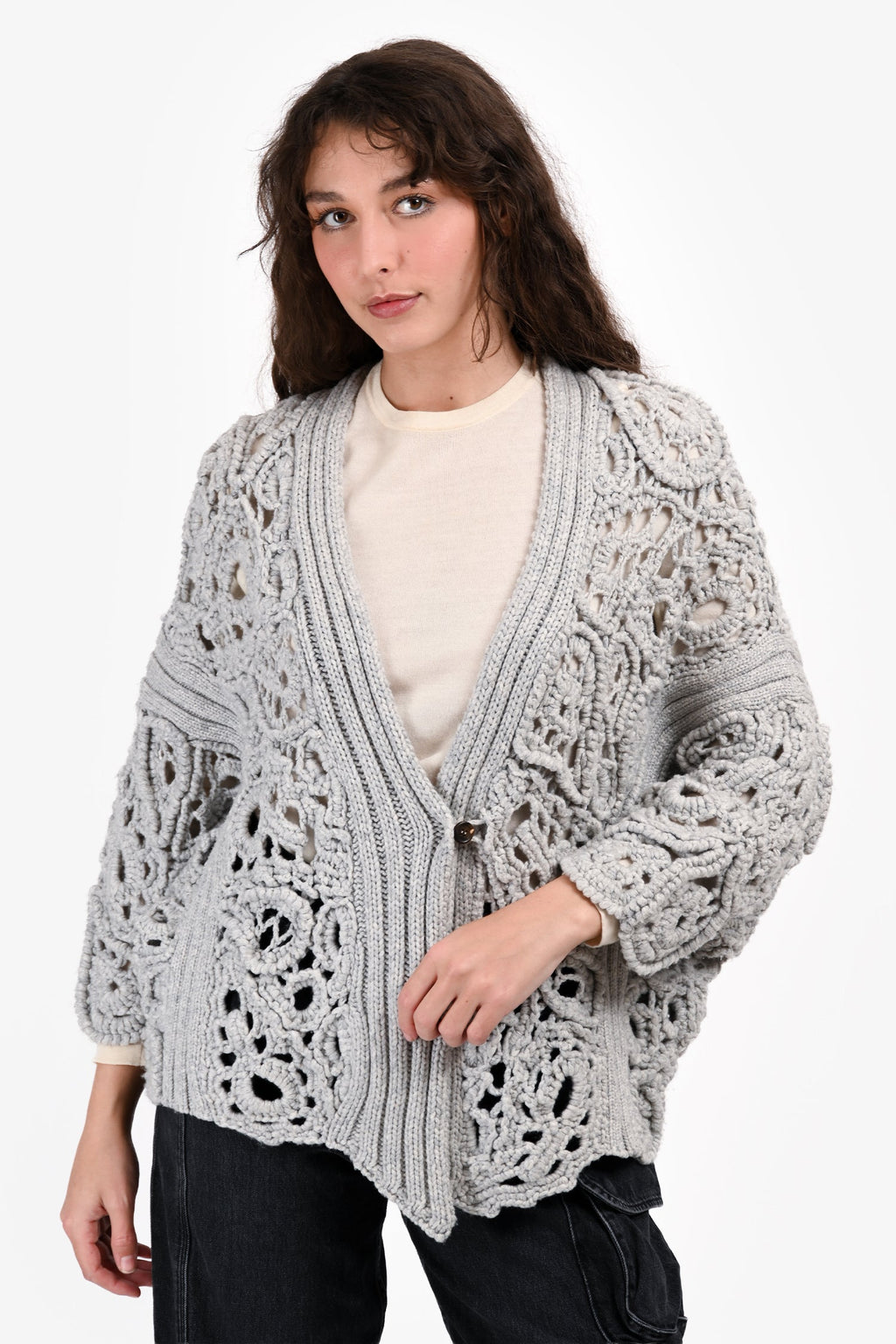 Brunello Cucinelli 2021 Light Grey Crocheted Cashmere igan Size M