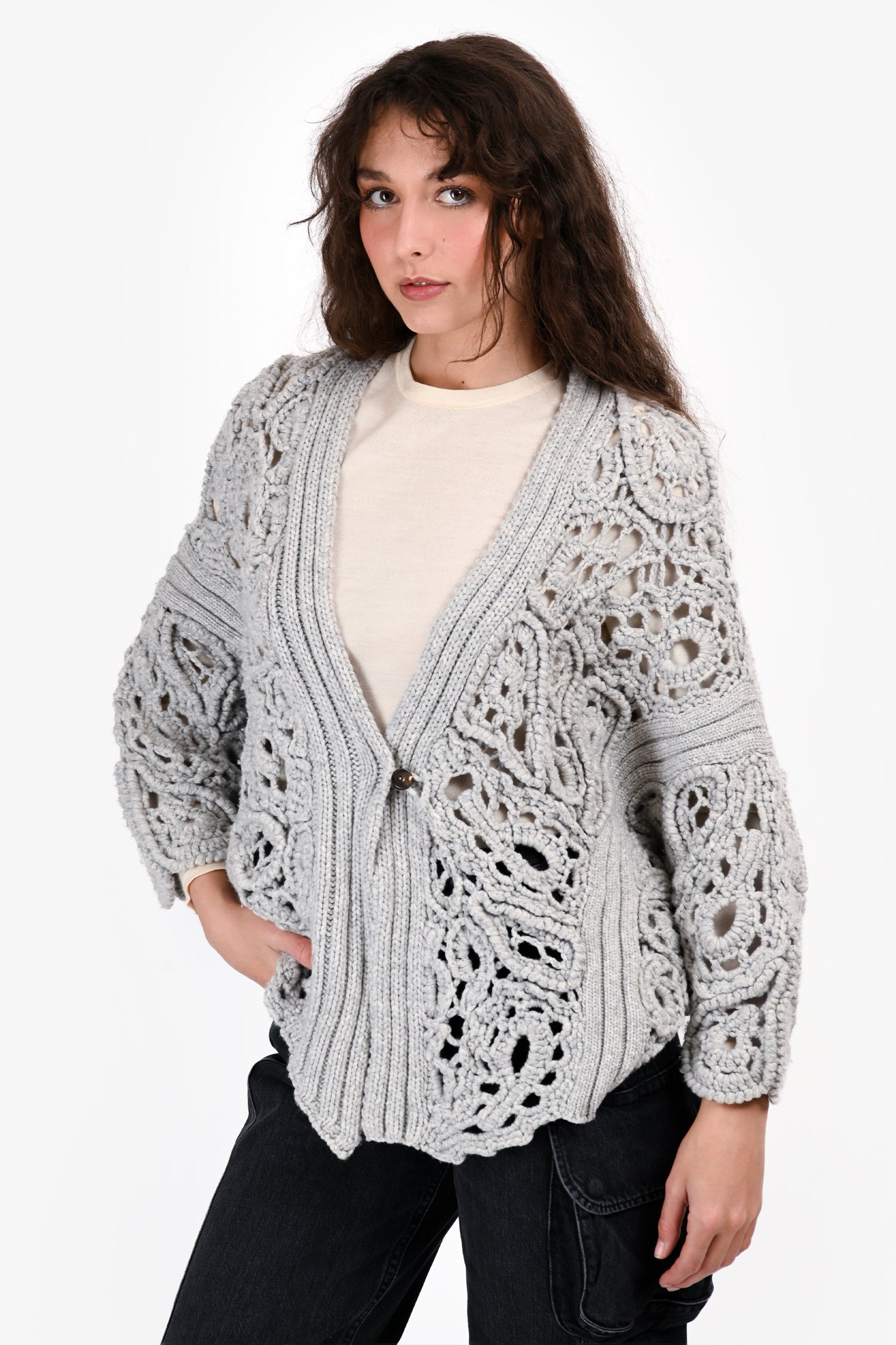 Brunello Cucinelli 2021 Light Grey Crocheted Cashmere igan Size M