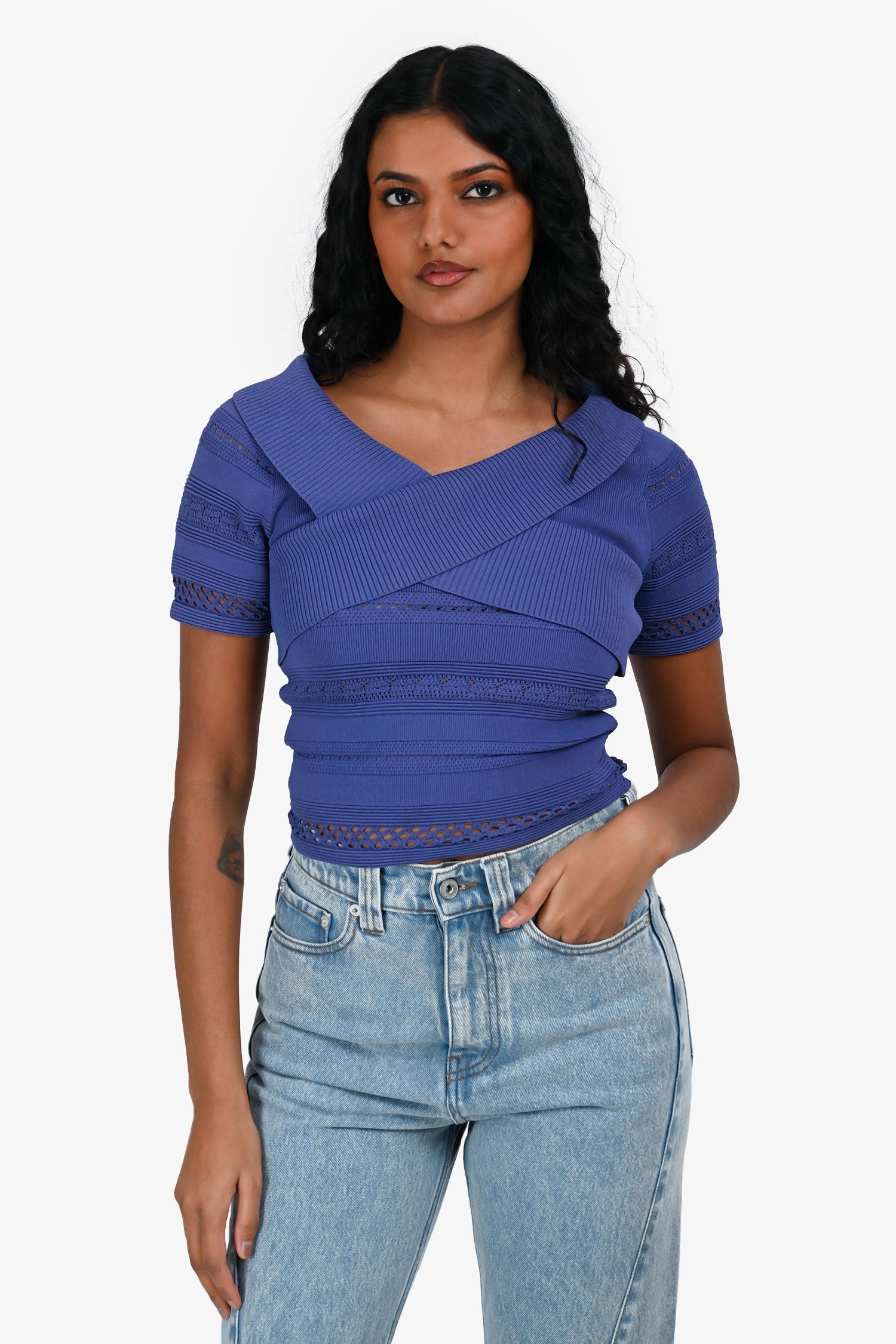 Sandro Indigo Ribbed/Crochet Detail Top Size 1