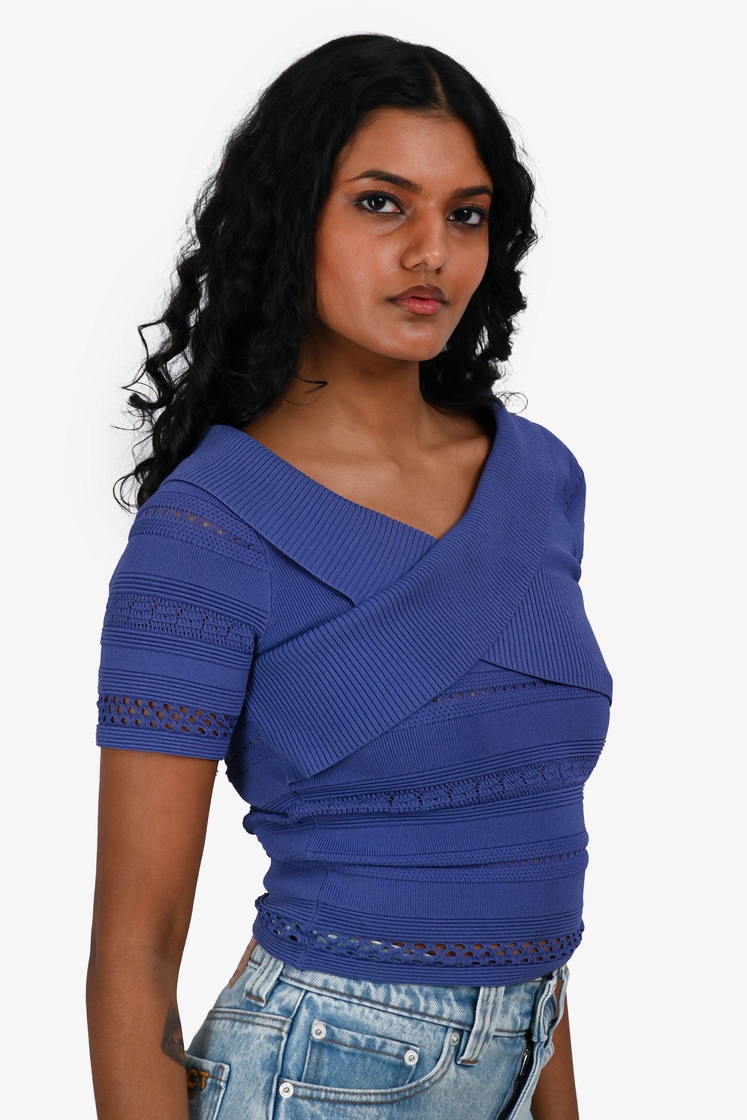 Sandro Indigo Ribbed/Crochet Detail Top Size 1