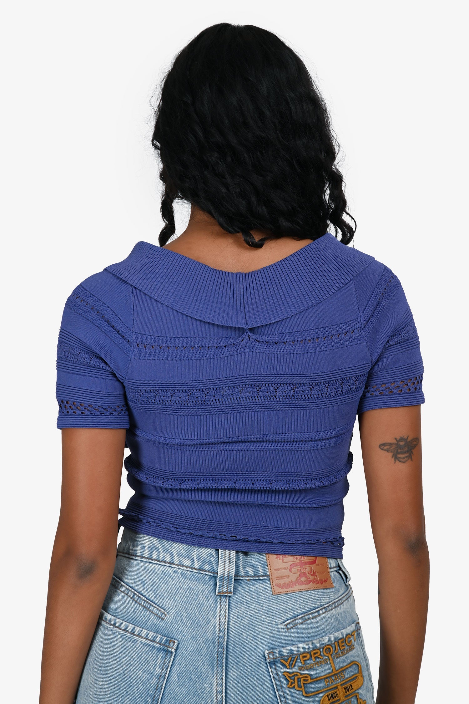 Sandro Indigo Ribbed/Crochet Detail Top Size 1