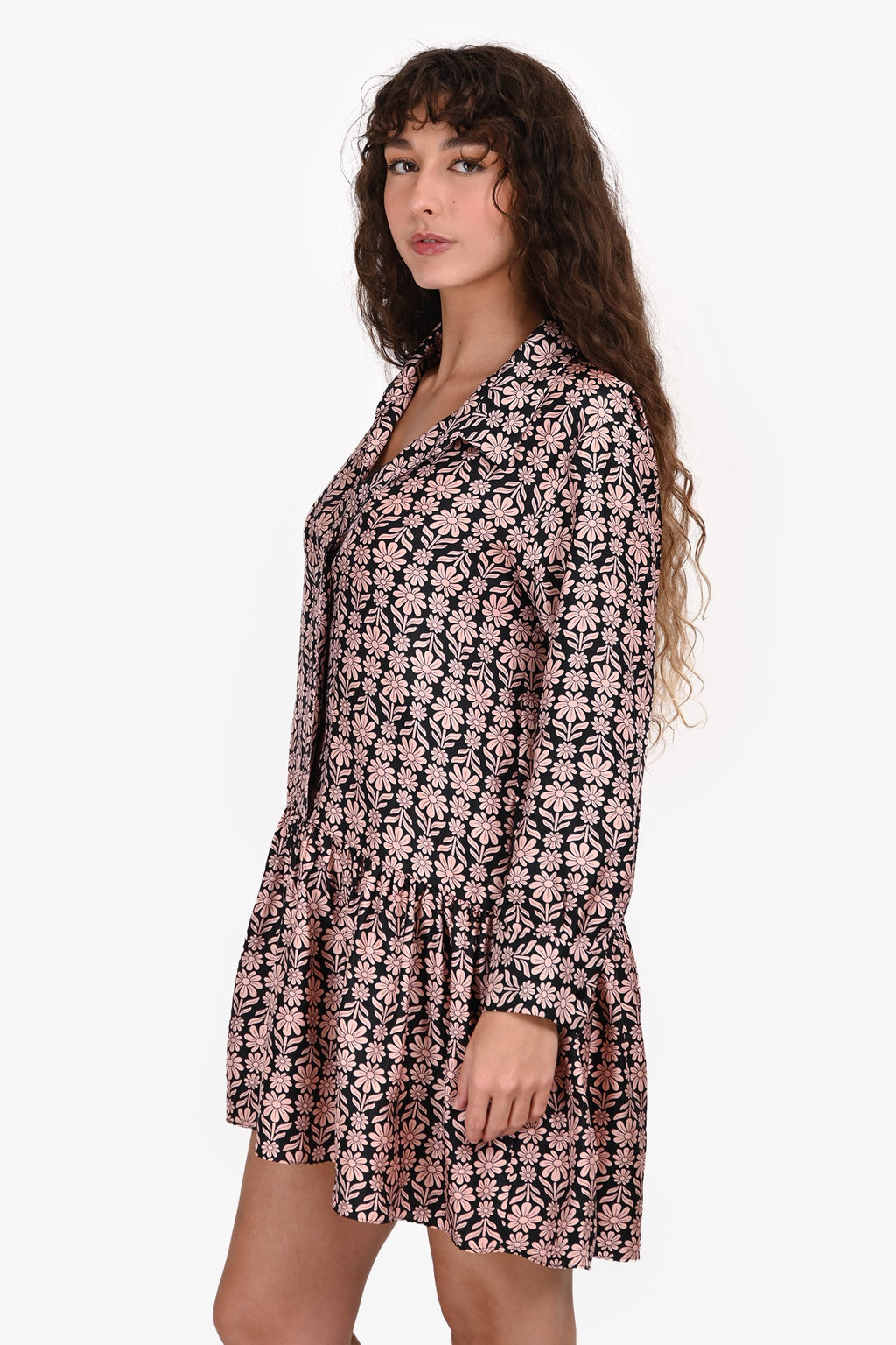 Sandro Black/Pink Silk Floral Print Button Down Midi Dress Size 36