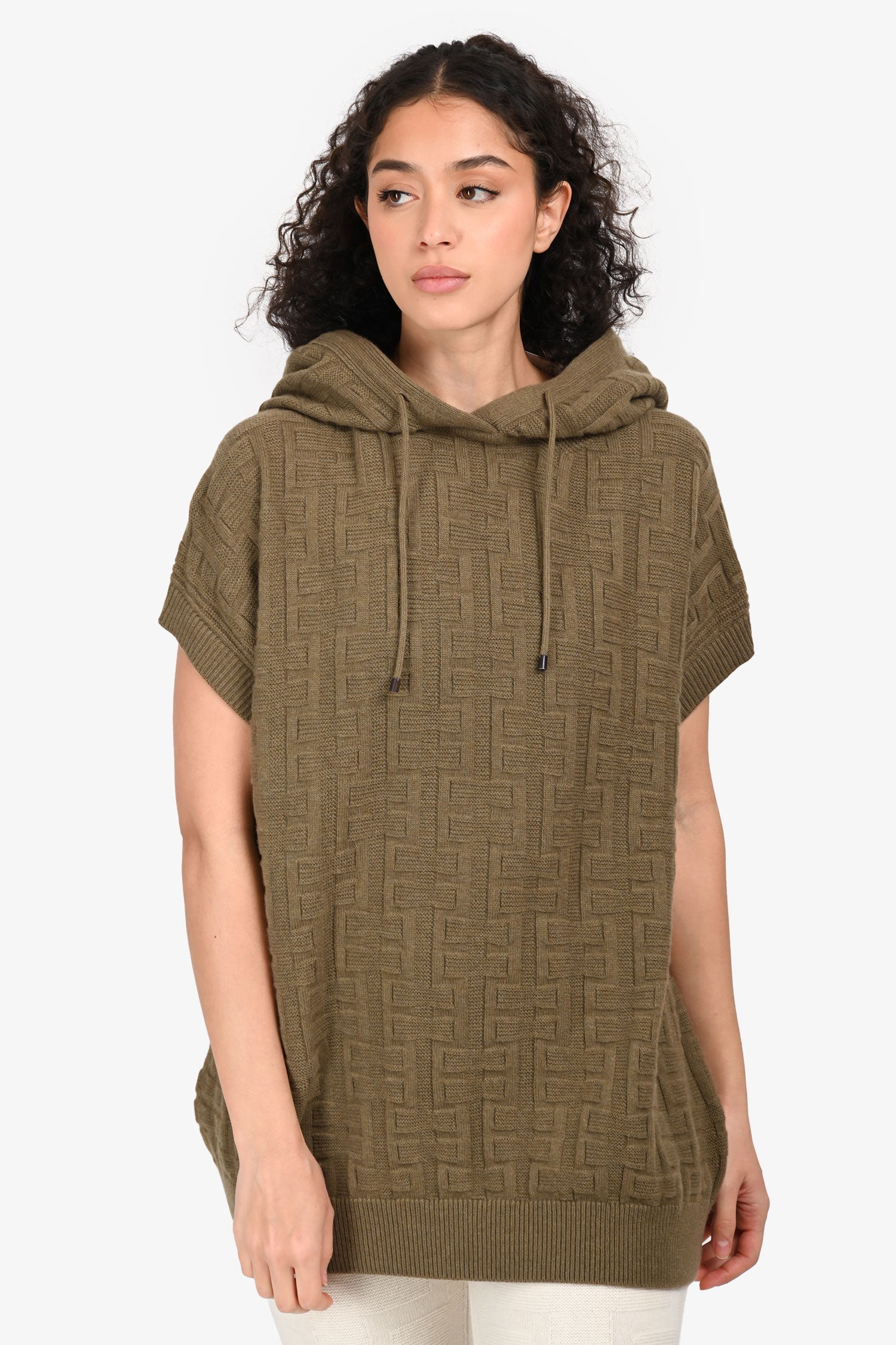 Hermès Taupe Wool Patterned Sleeveless Hoodie Size 38