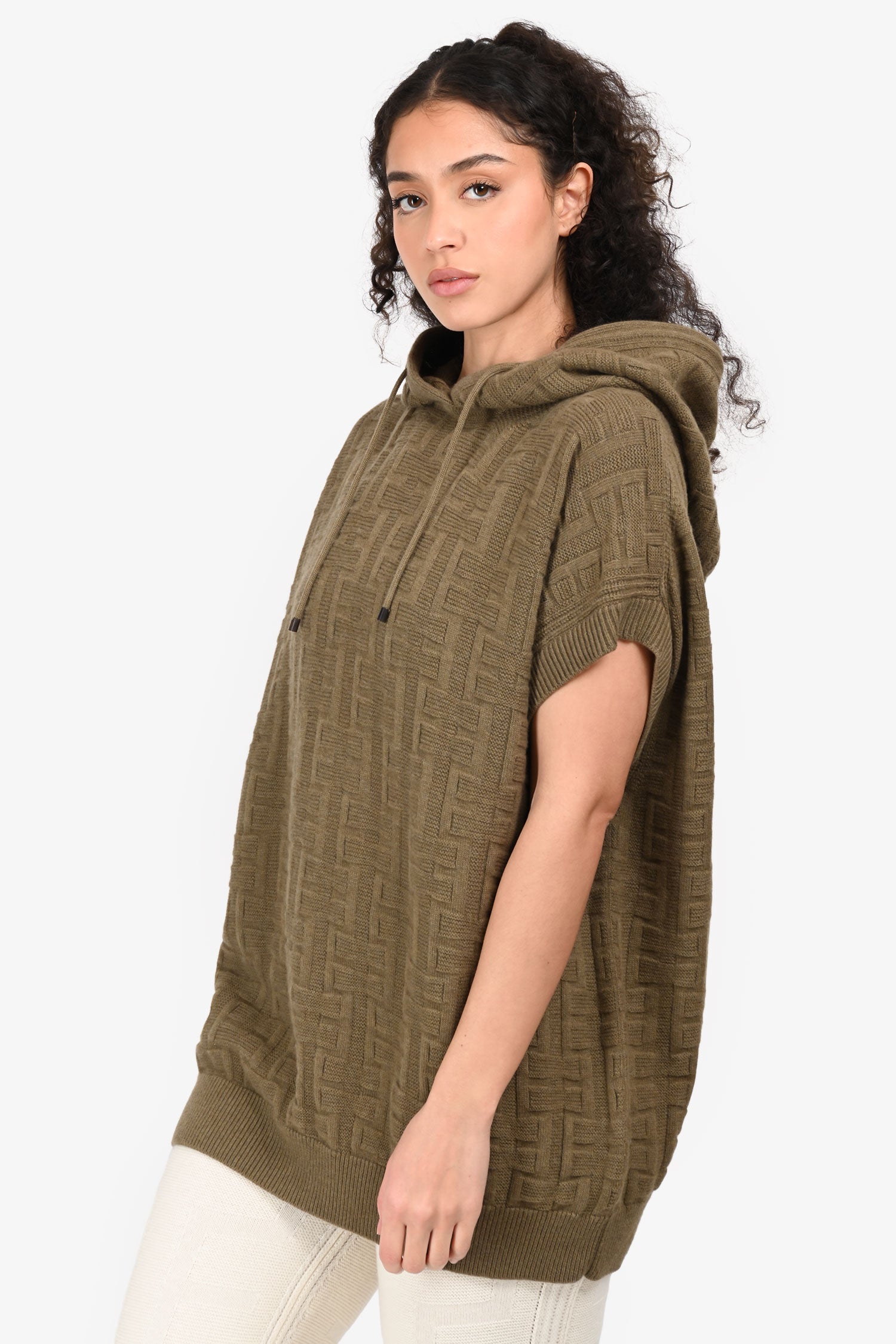 Hermès Taupe Wool Patterned Sleeveless Hoodie Size 38
