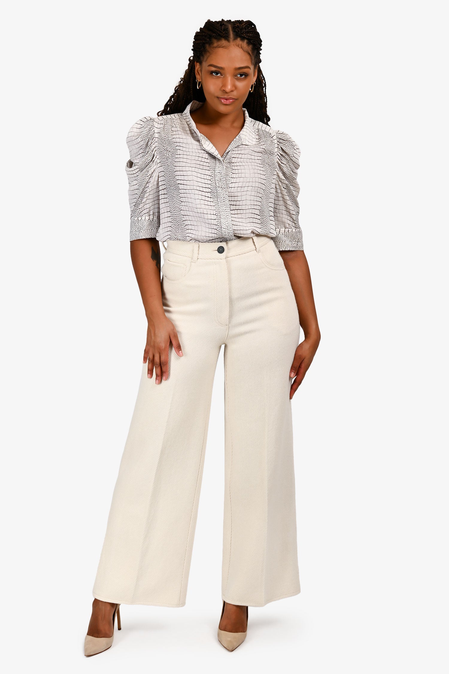 Forte Forte Cream Cotton/Wool Blend Chevron Wide Leg Pants Size 1