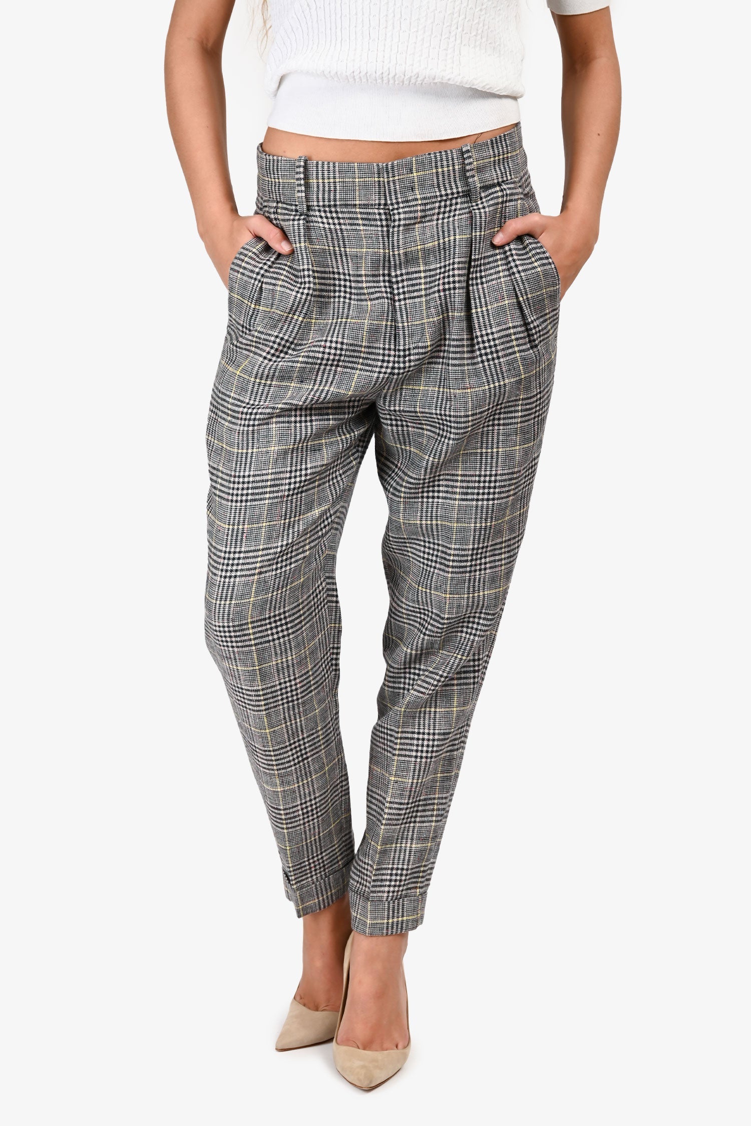 Isabel Marant Black/White Check Tapered Cuff Pants Size 38