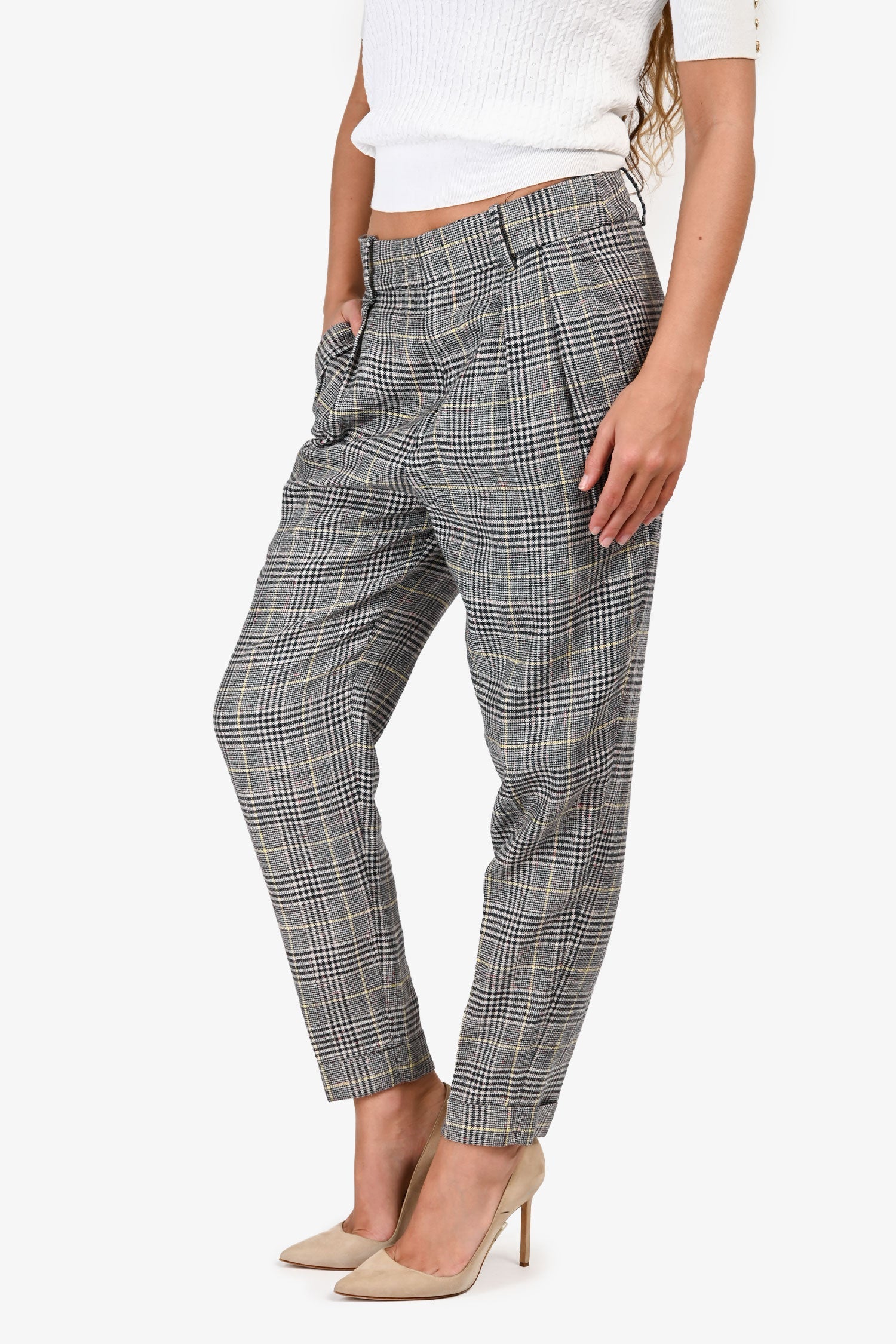 Isabel Marant Black/White Check Tapered Cuff Pants Size 38