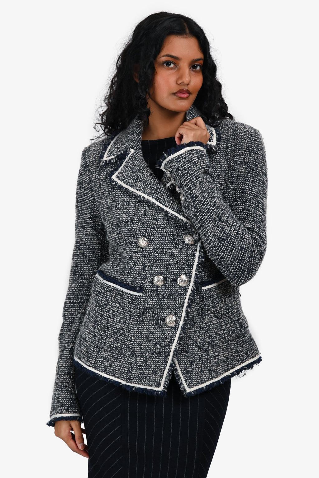 Veronica Beard Blue/Cream Cotton Tweed Raw Hem Double Breasted Blazer Size 4