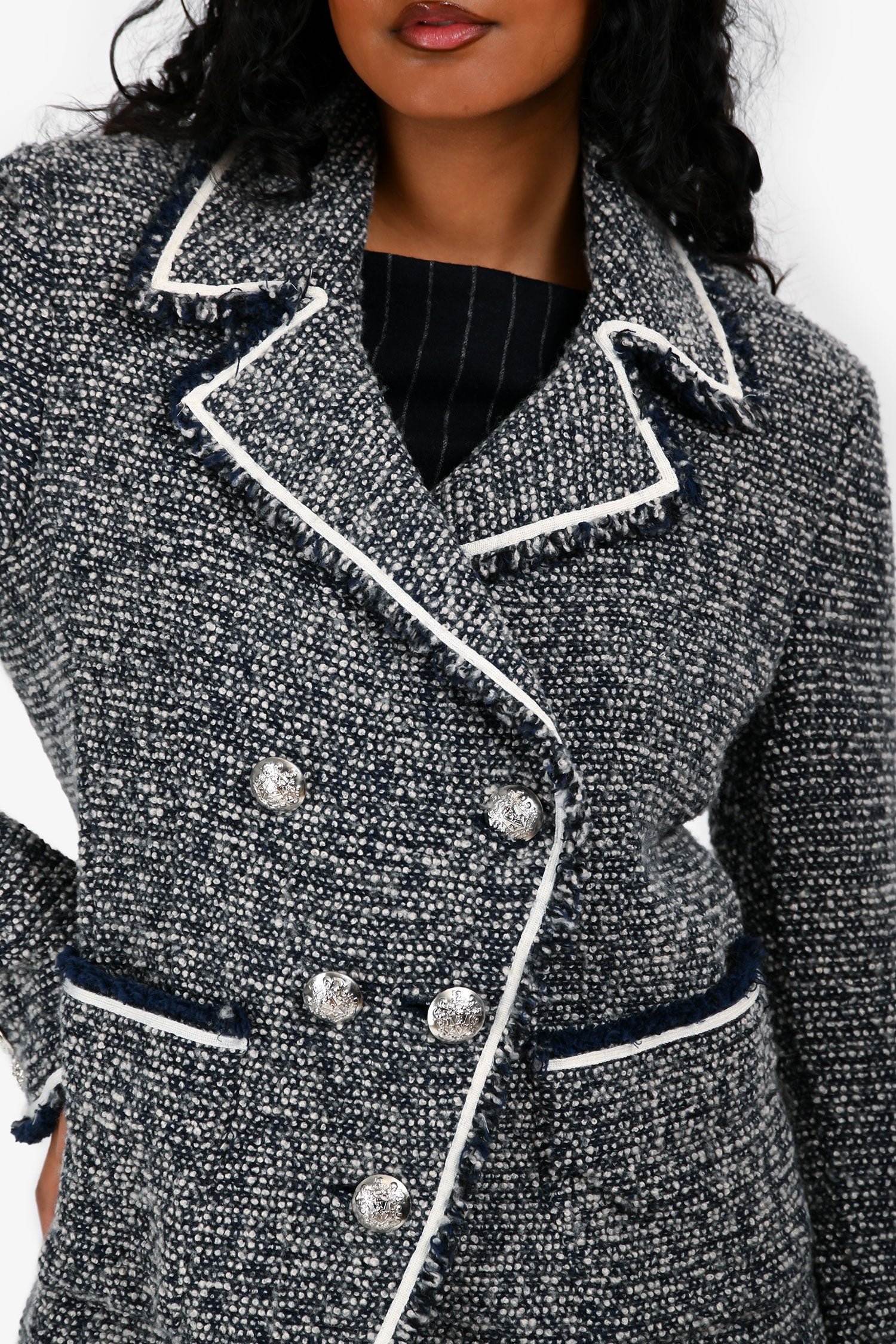 Veronica Beard Blue/Cream Cotton Tweed Raw Hem Double Breasted Blazer Size 4