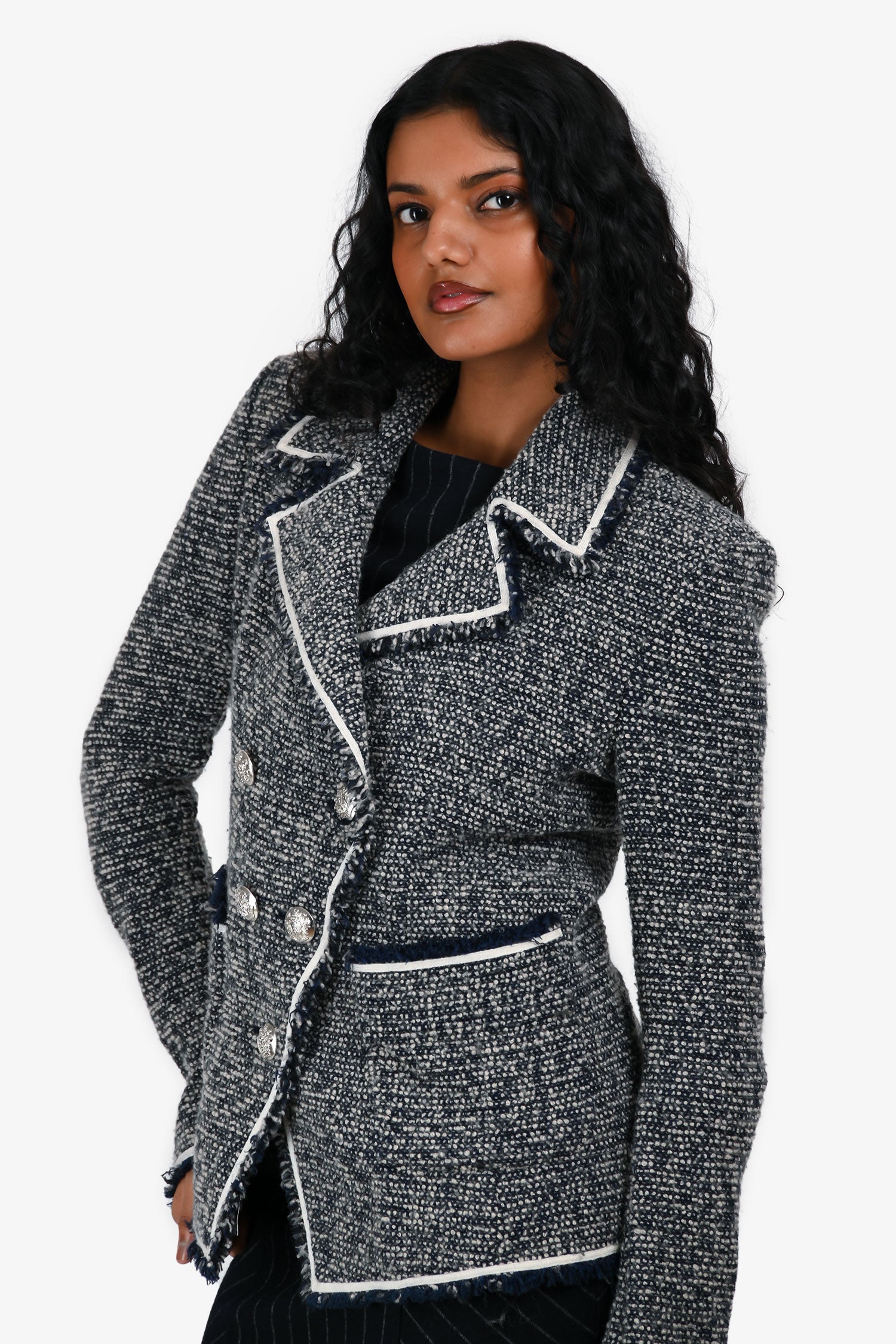 Veronica Beard Blue/Cream Cotton Tweed Raw Hem Double Breasted Blazer Size 4