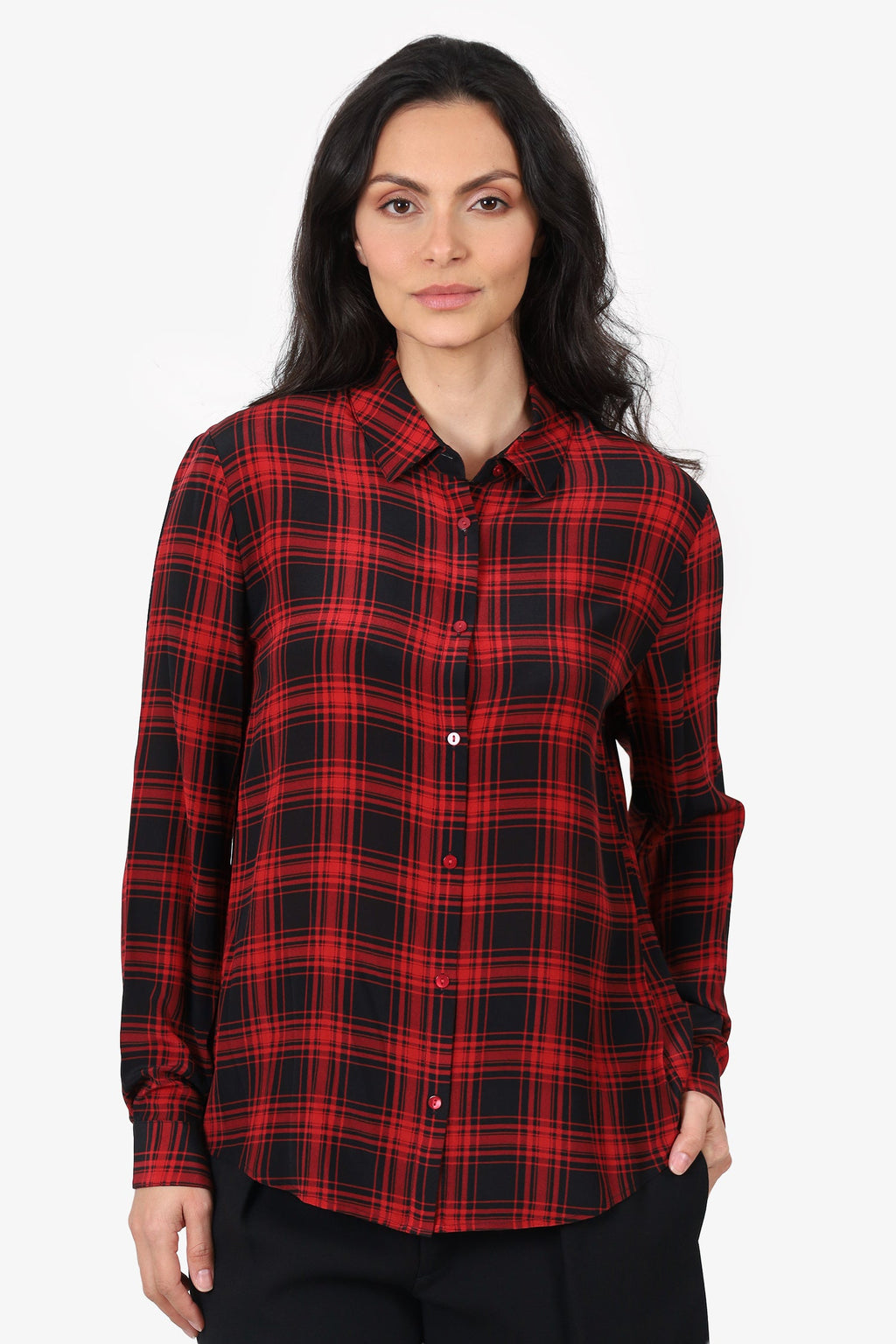 The Kooples Black/Red Plaid Silk Plaid Print Blouse Size M