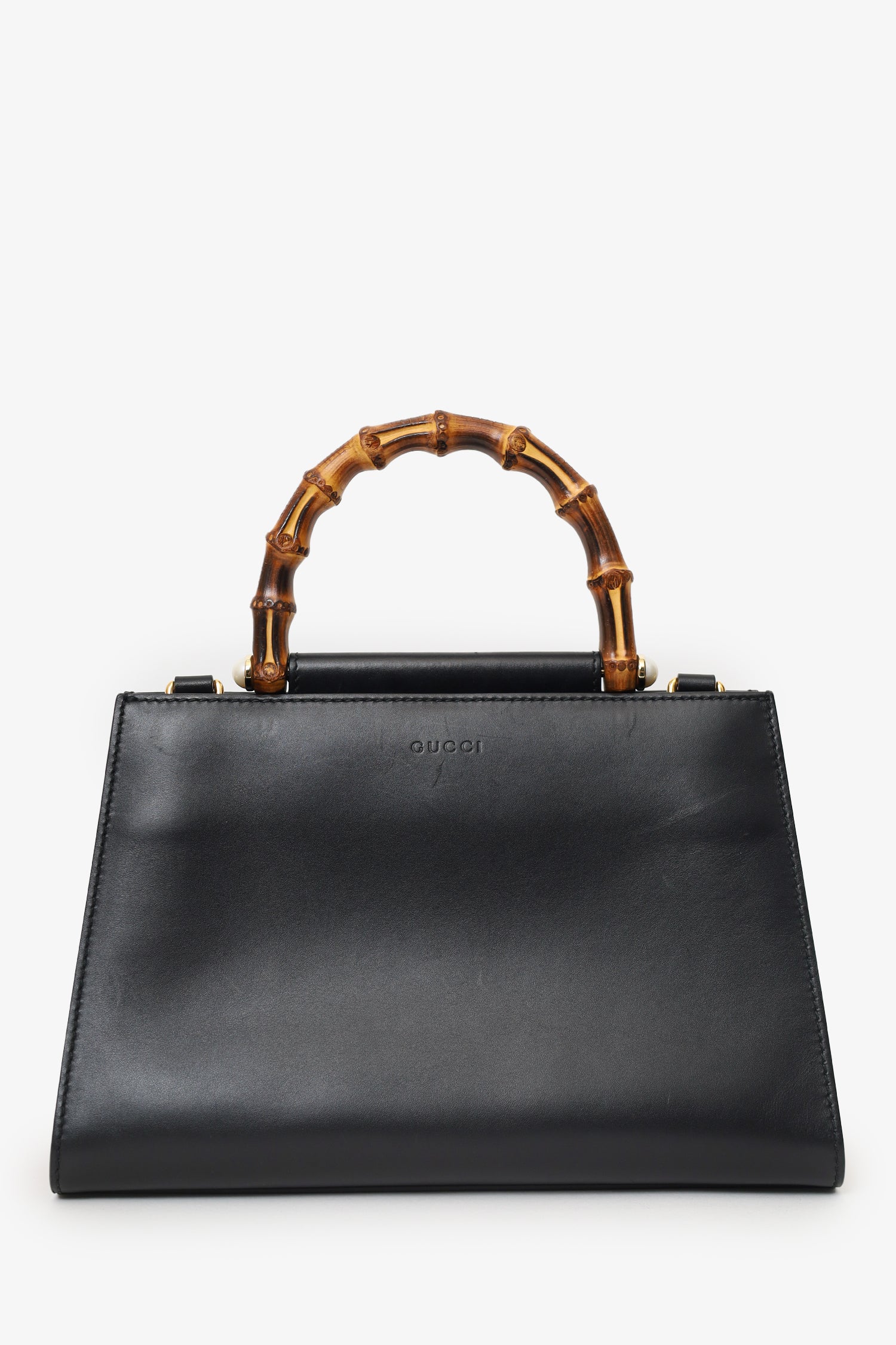 Gucci Black Nymphaea Leather Bamboo Top Handle Bag