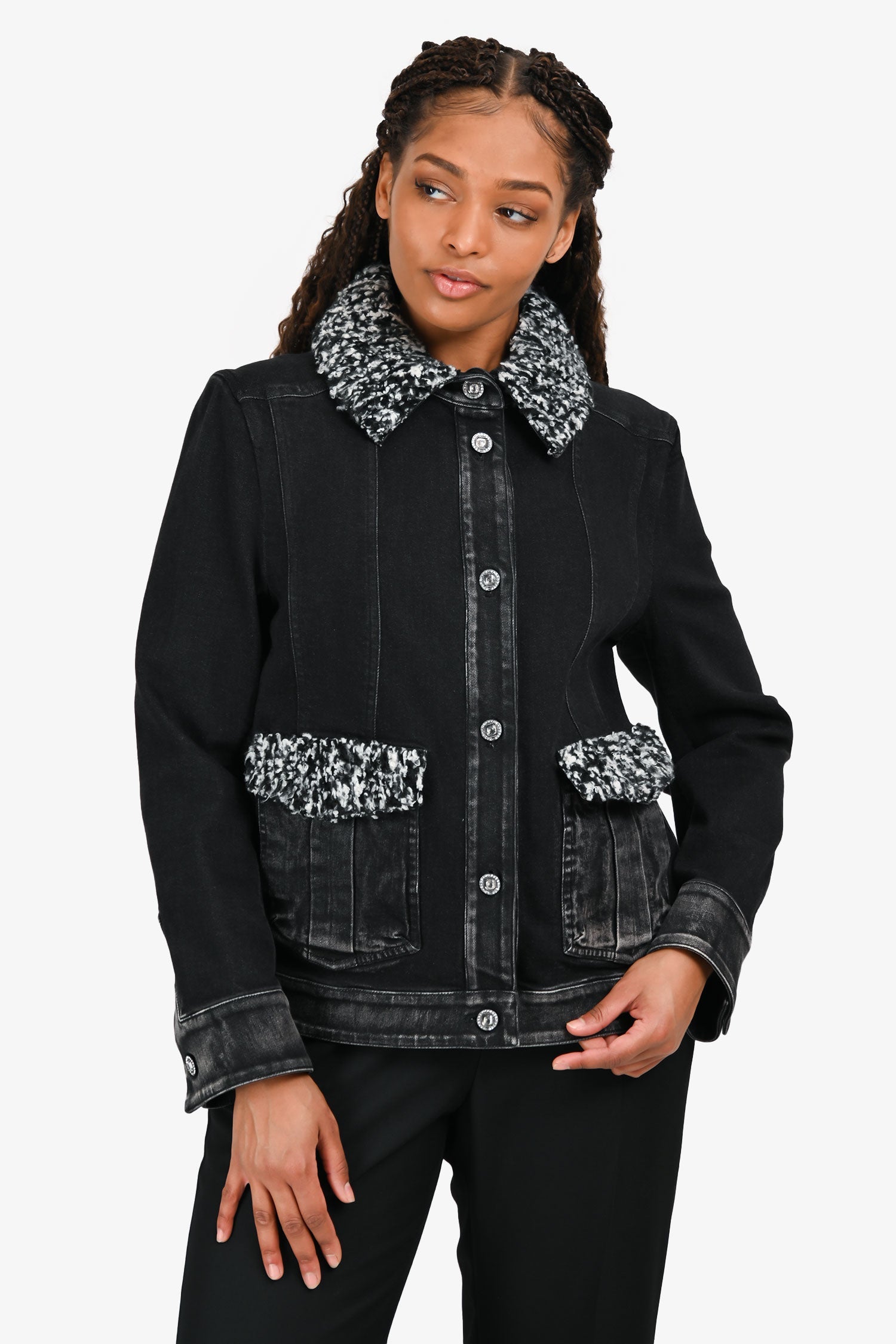 Pre-Loved Chanel™ Black Denim Boucle Detailed Jacket Size 44