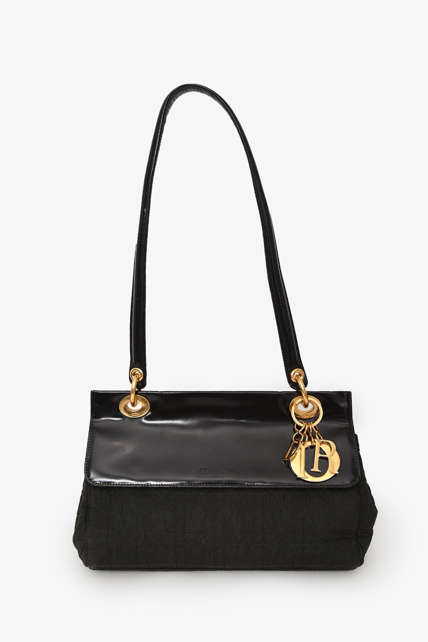 Christian Dior 1997 Vintage Dark Brown Patent/Nylon Cannage Shoulder Bag