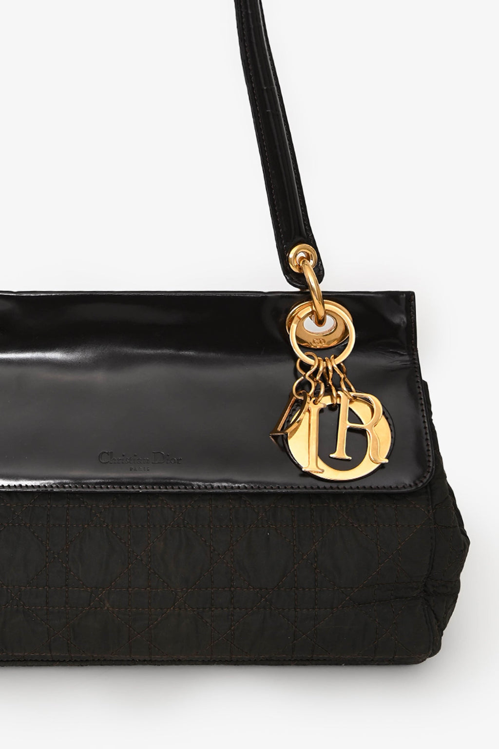 Christian Dior 1997 Vintage Dark Brown Patent/Nylon Cannage Shoulder Bag