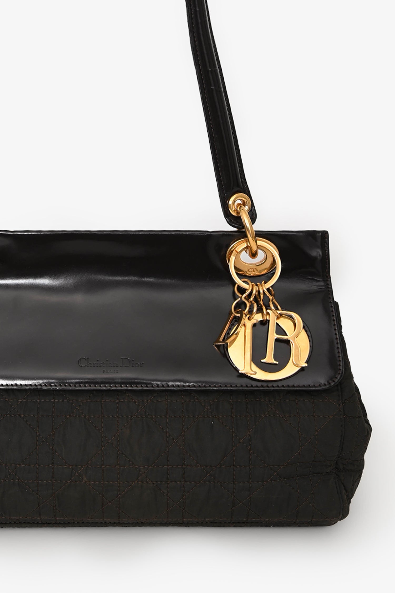 Christian Dior 1997 Vintage Dark Brown Patent/Nylon Cannage Shoulder Bag