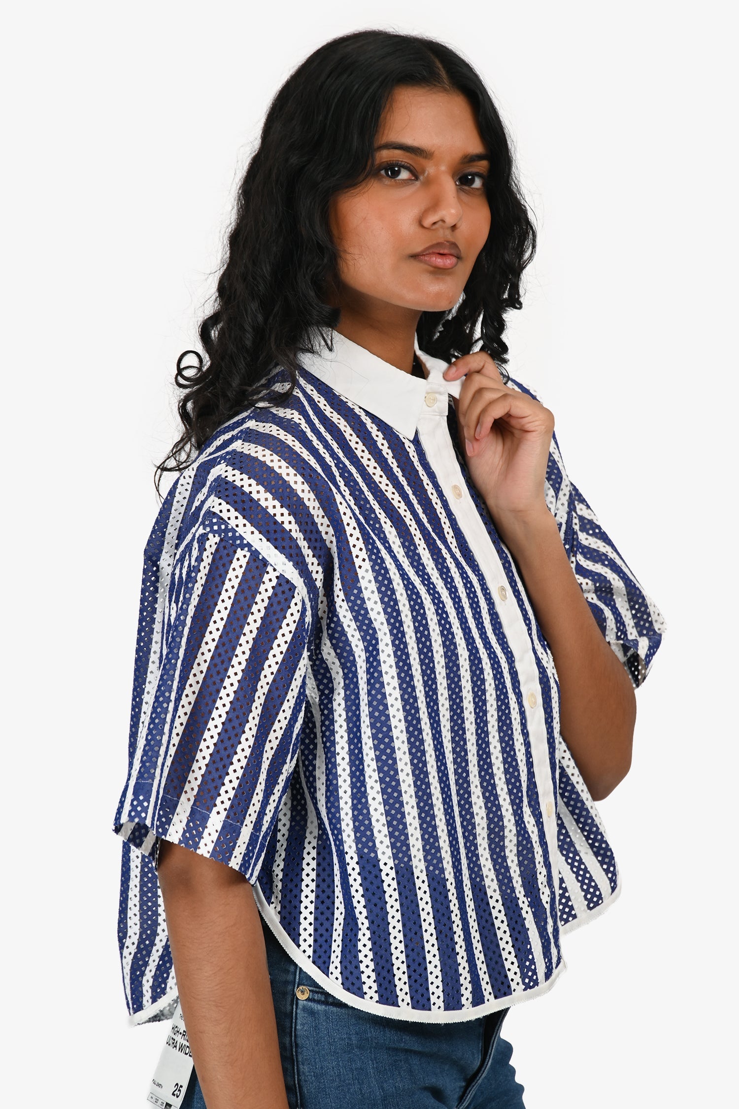 Sacai Blue/White Perforated Collared Zip Shirt Size 2