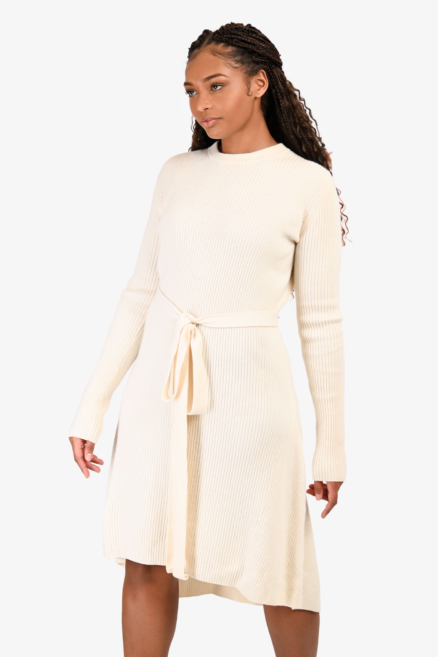 Helmut Lang Cream Wool Ribbed Belted Dress Size M