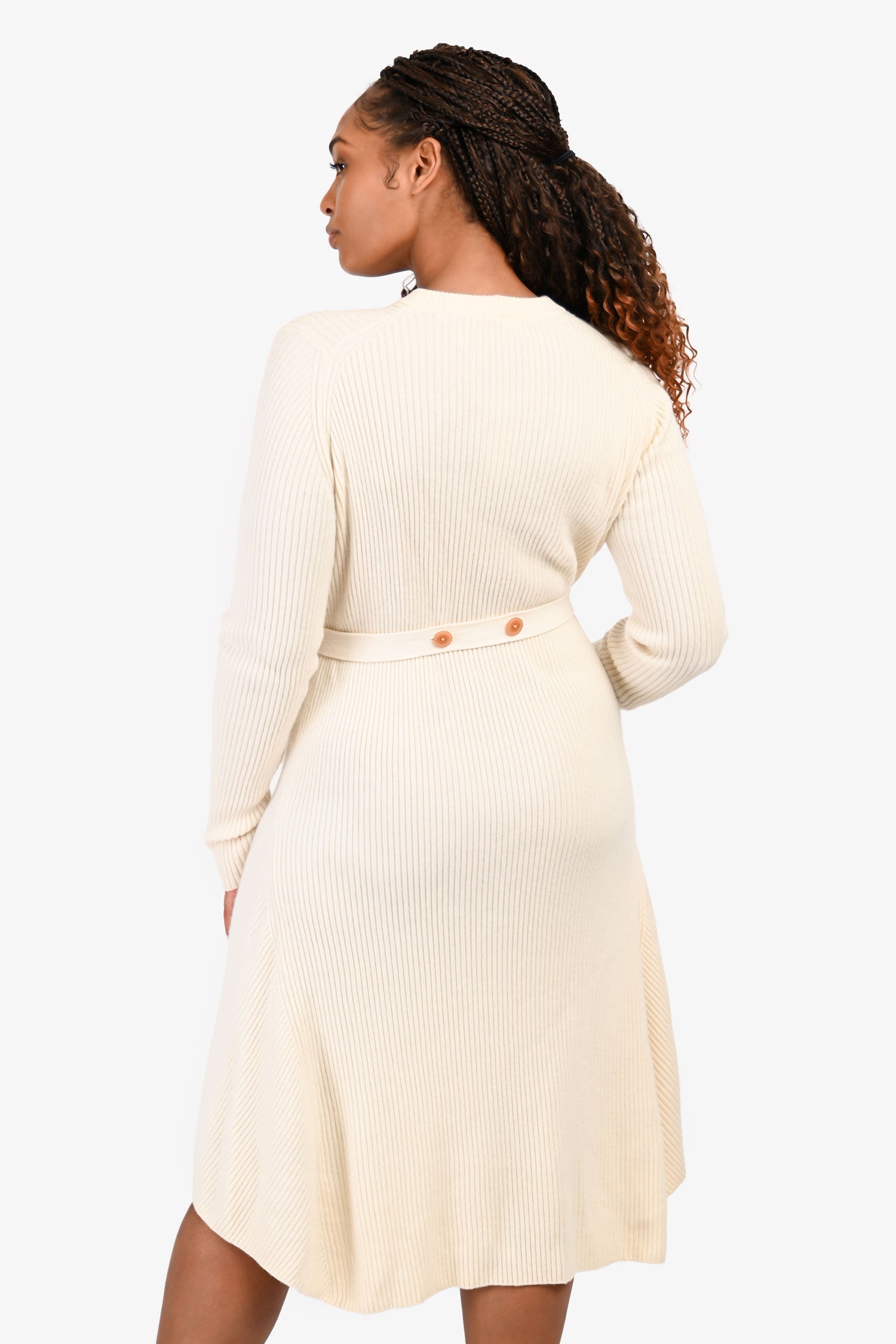 Helmut Lang Cream Wool Ribbed Belted Dress Size M