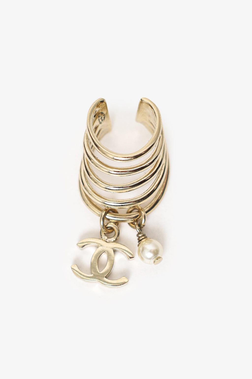 Pre-Loved Chanel™ Gold Tone Pearl CC Logo Dangle Drop Ear Cuff