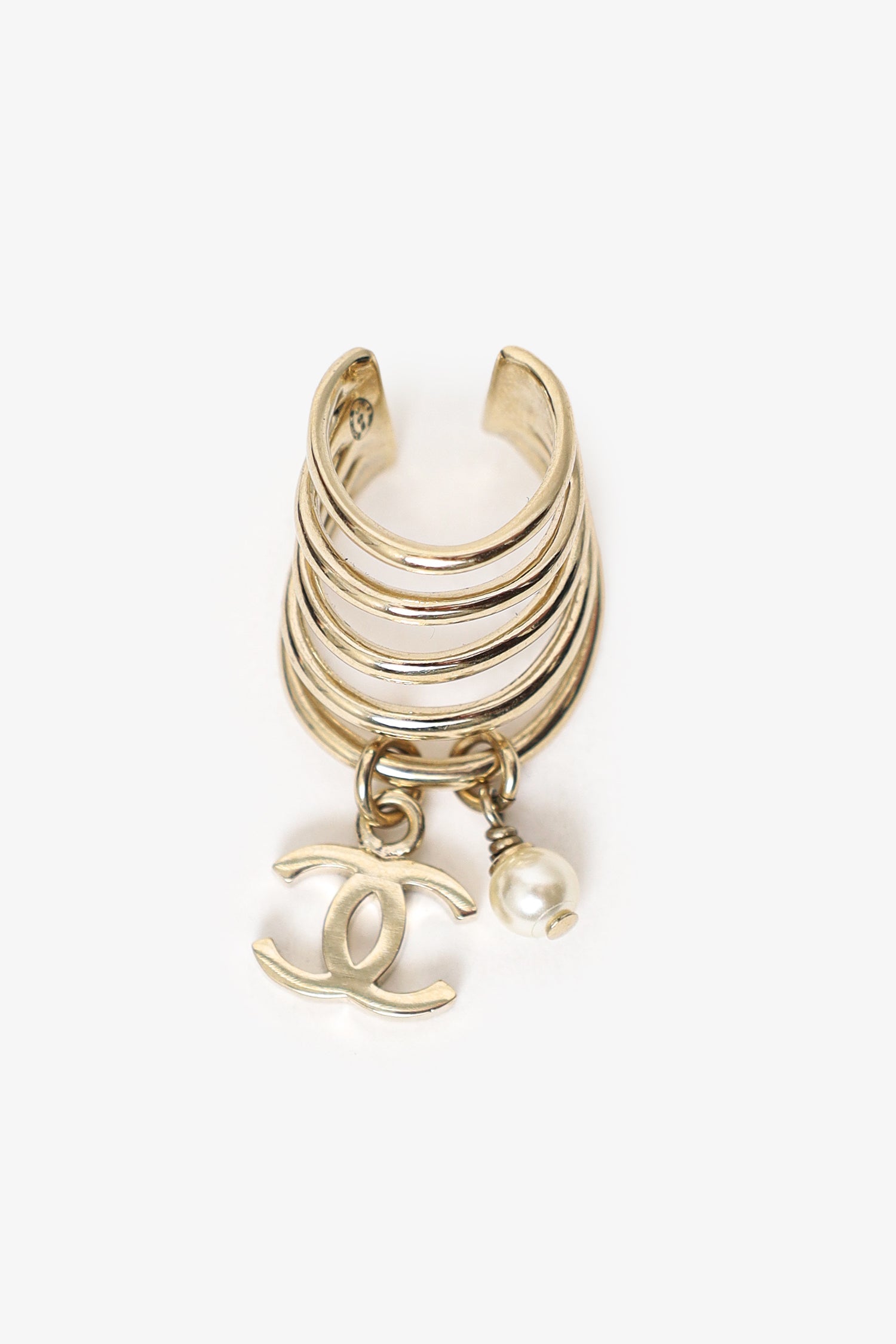 Pre-Loved Chanel™ Gold Tone Pearl CC Logo Dangle Drop Ear Cuff