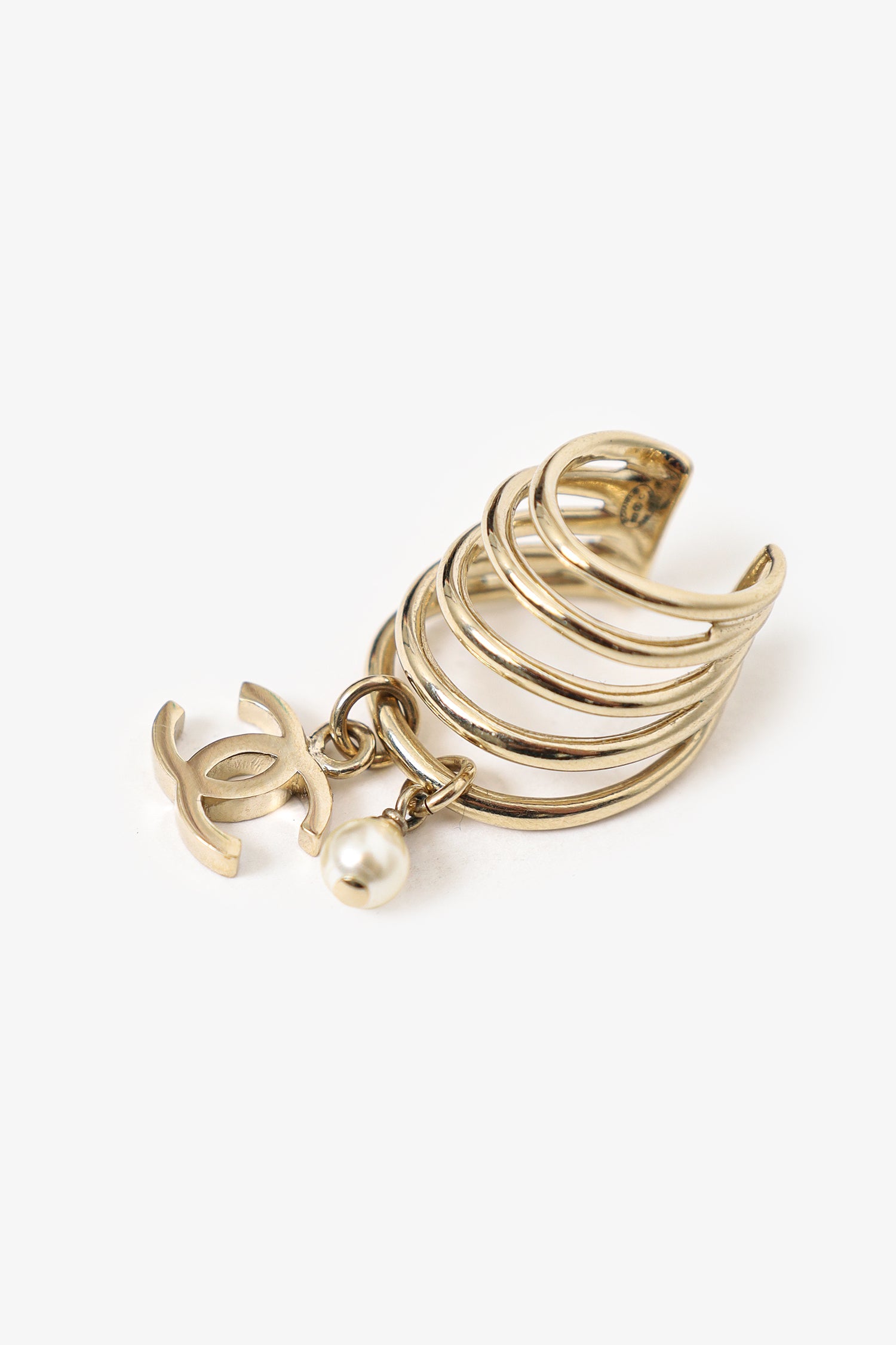 Pre-Loved Chanel™ Gold Tone Pearl CC Logo Dangle Drop Ear Cuff